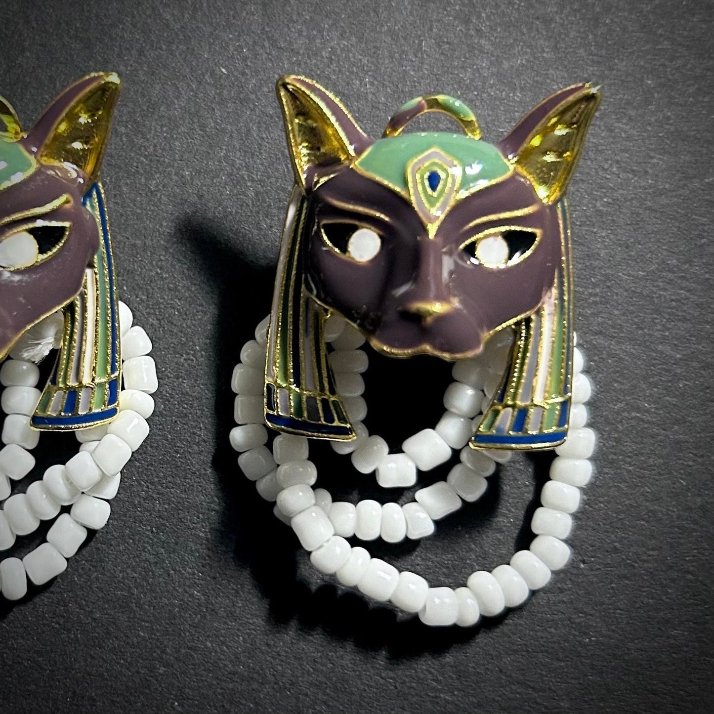 Enamel Pharaoh Cat Goddess Bastet Earrings with White Pearls
