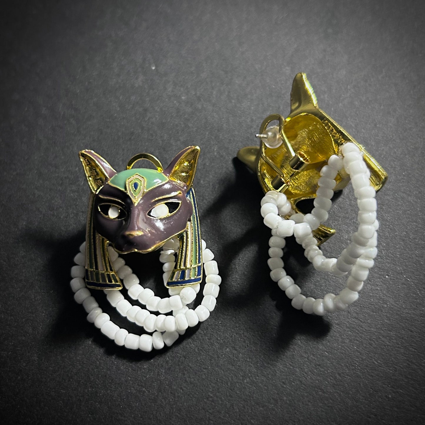 Enamel Pharaoh Cat Goddess Bastet Earrings with White Pearls