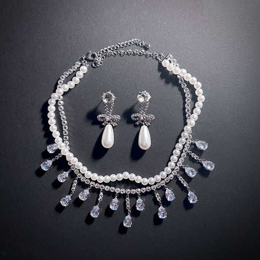 White Pearl & Teardrop Rhinestone Jewelry Set