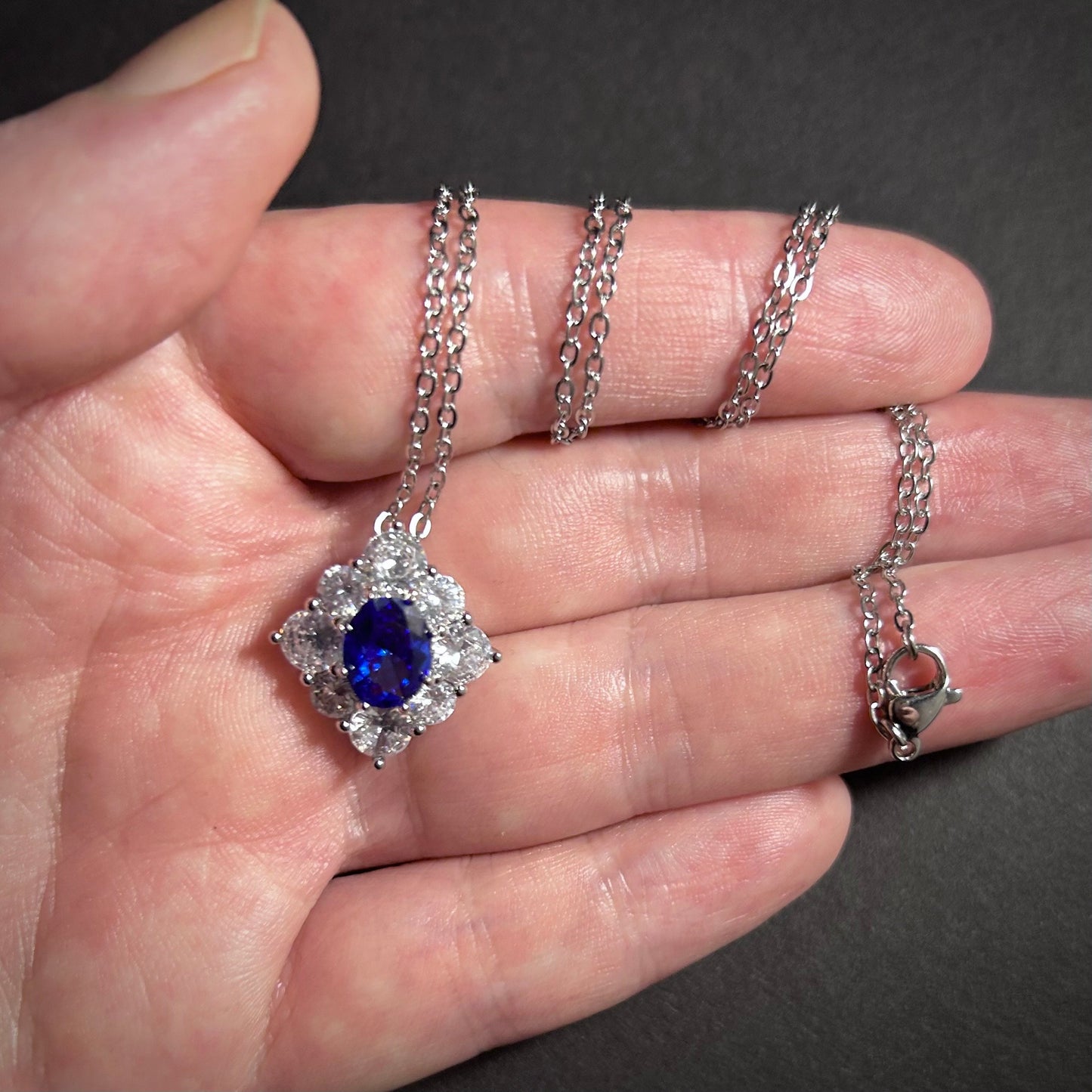 Sapphire & Clear Diamond Shaped Pendant Dainty Necklace