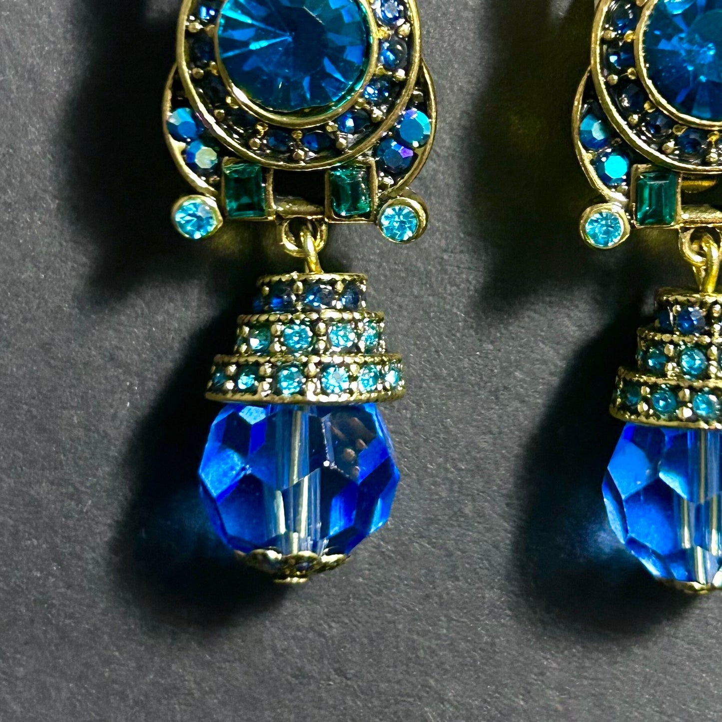 Art Deco Emerald, Blue & Gold Clip-On Earrings