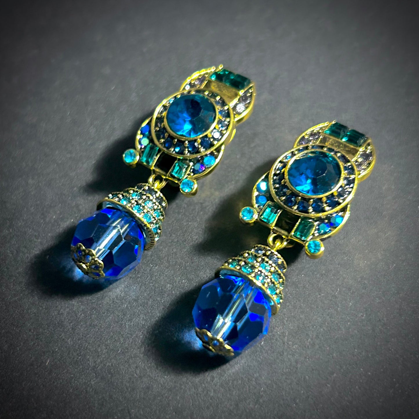 Art Deco Emerald, Blue & Gold Clip-On Earrings