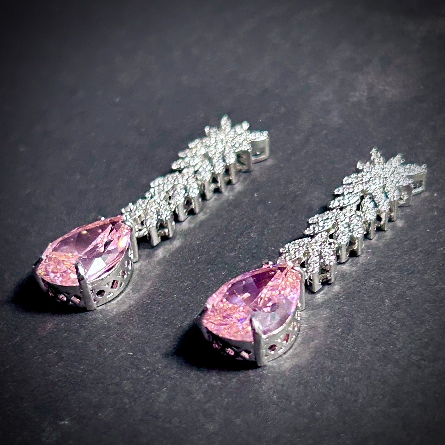 Morganite Pink Teardrop & Clear Leaves Earrings