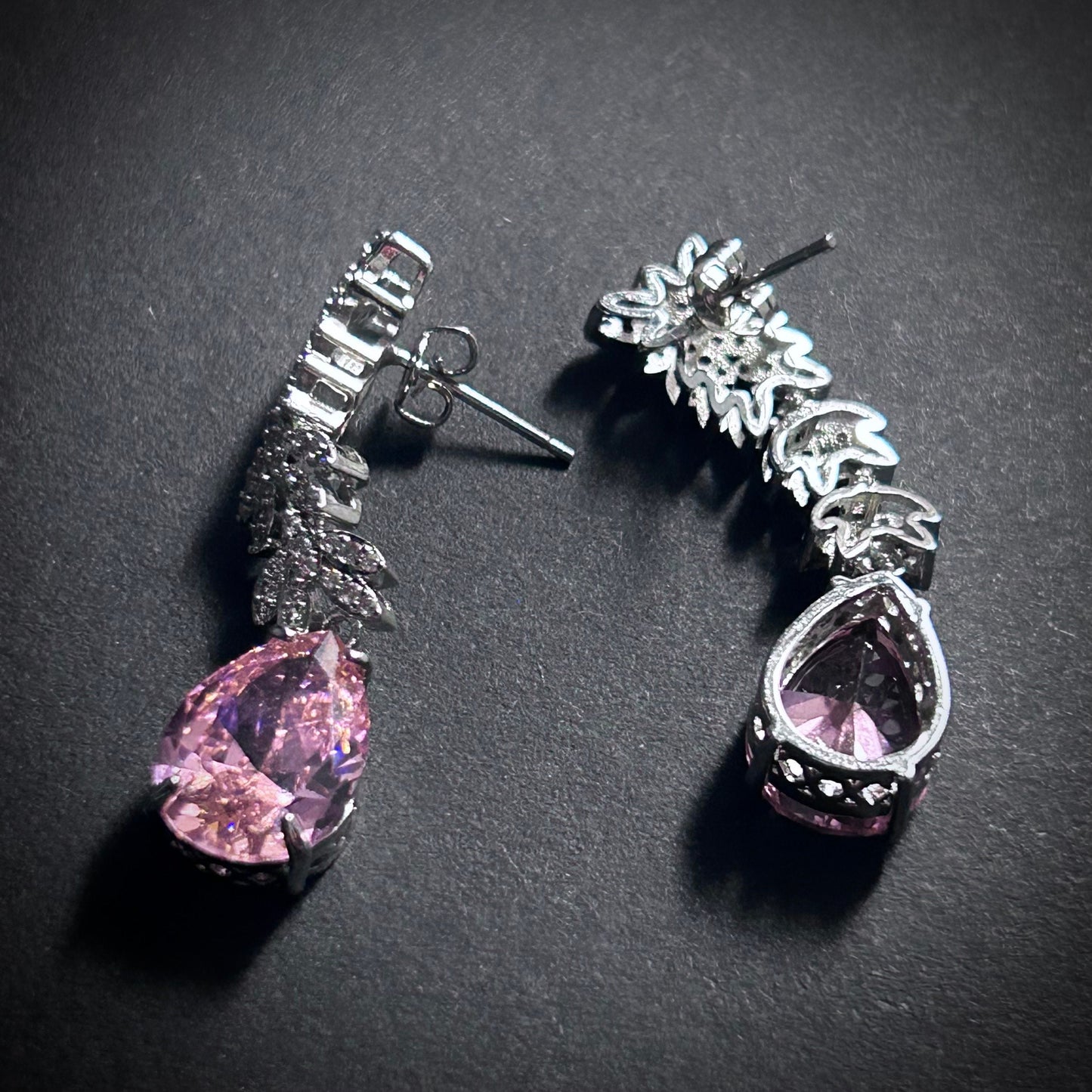 Morganite Pink Teardrop & Clear Leaves Earrings