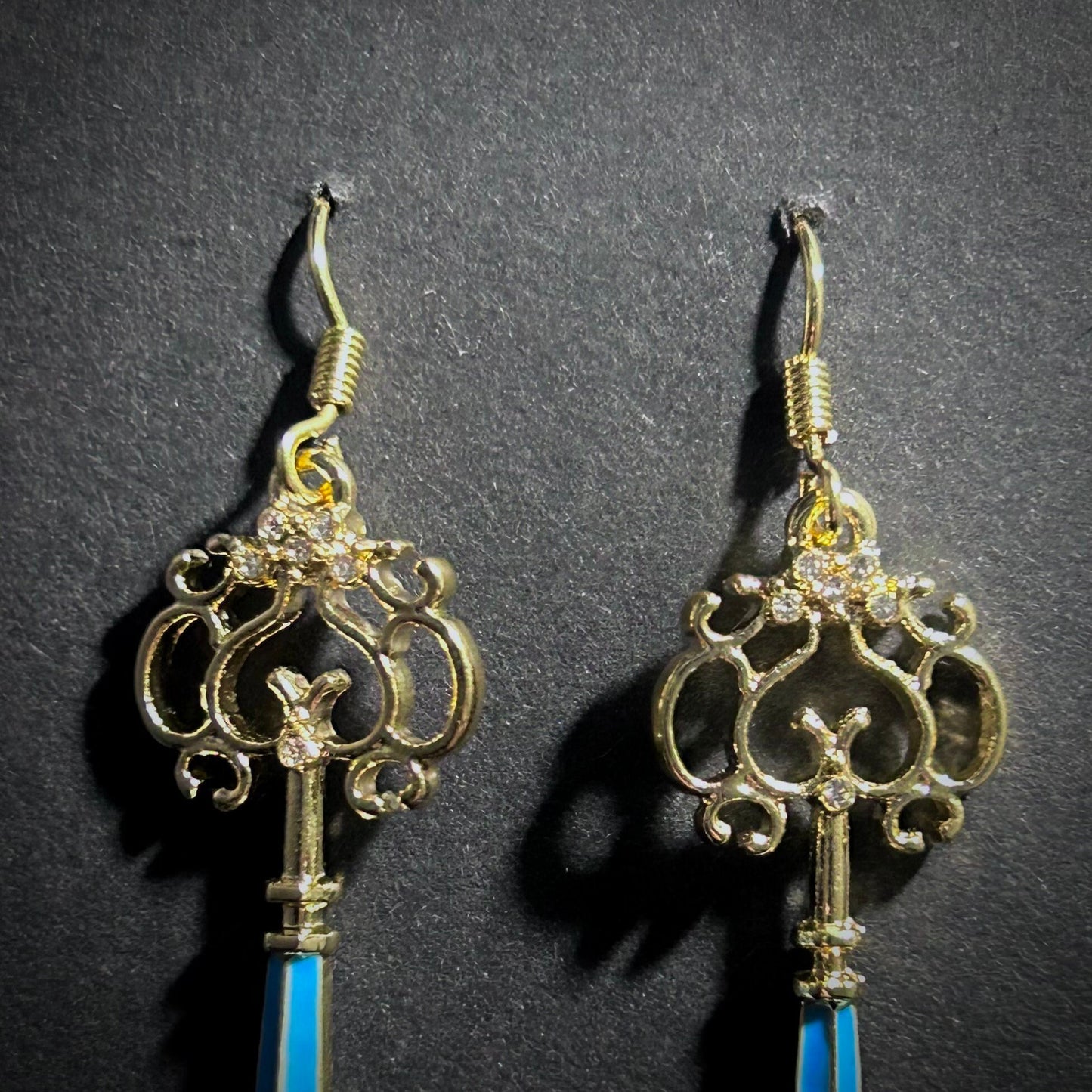 Gold & Blue Ornate Key Earrings