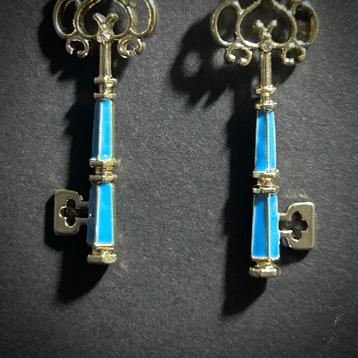 Gold & Blue Ornate Key Earrings