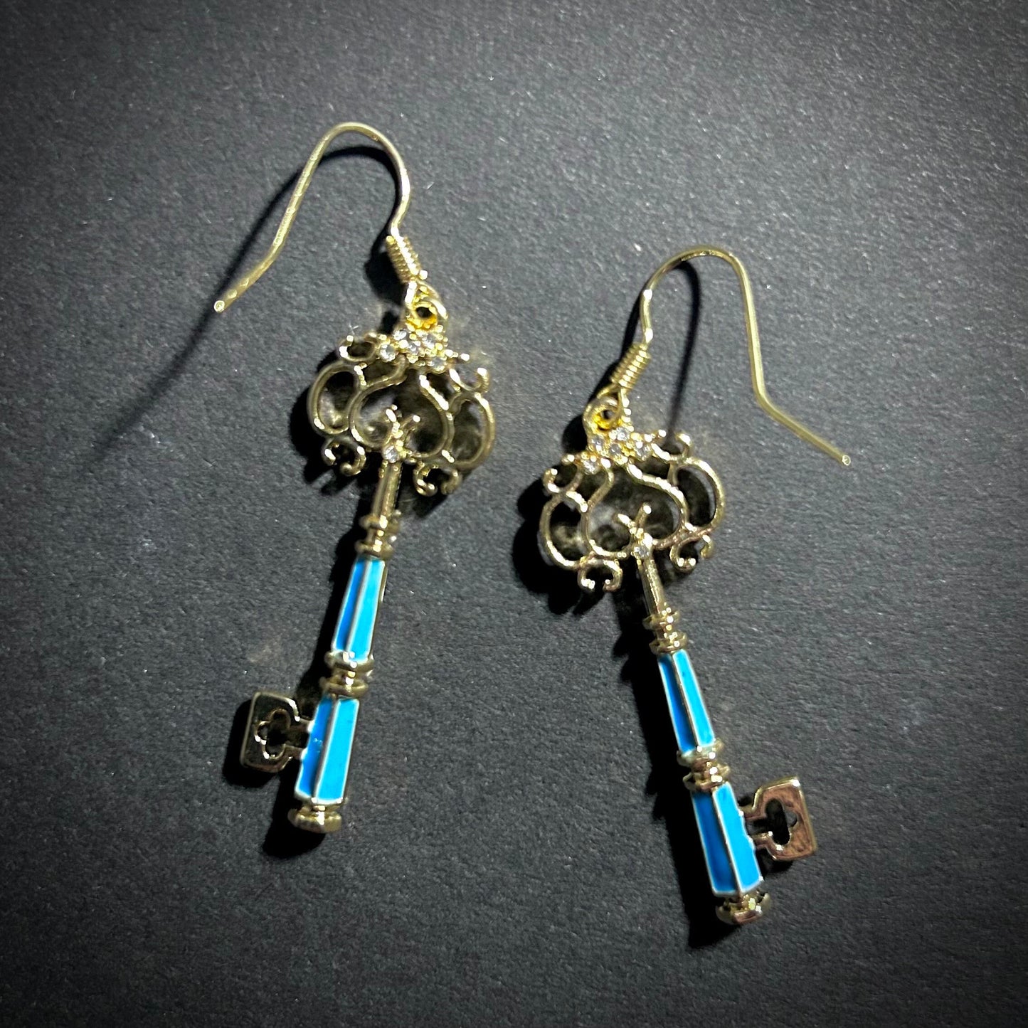 Gold & Blue Ornate Key Earrings