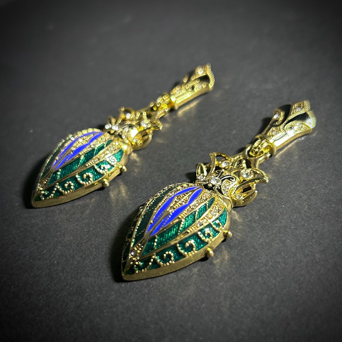 Art Nouveau Ornate Gold Earrings with Enamel in Dark Green & Blue