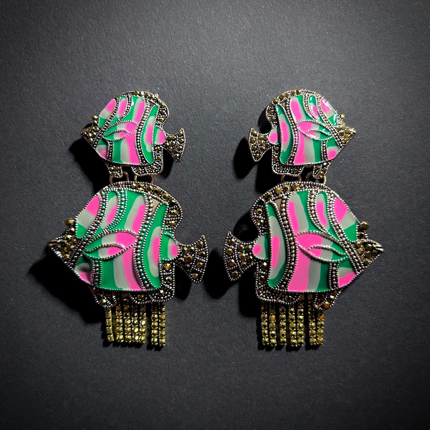 Fish Pink & Green Enamel with Golden Rhinestone Statement Earrings
