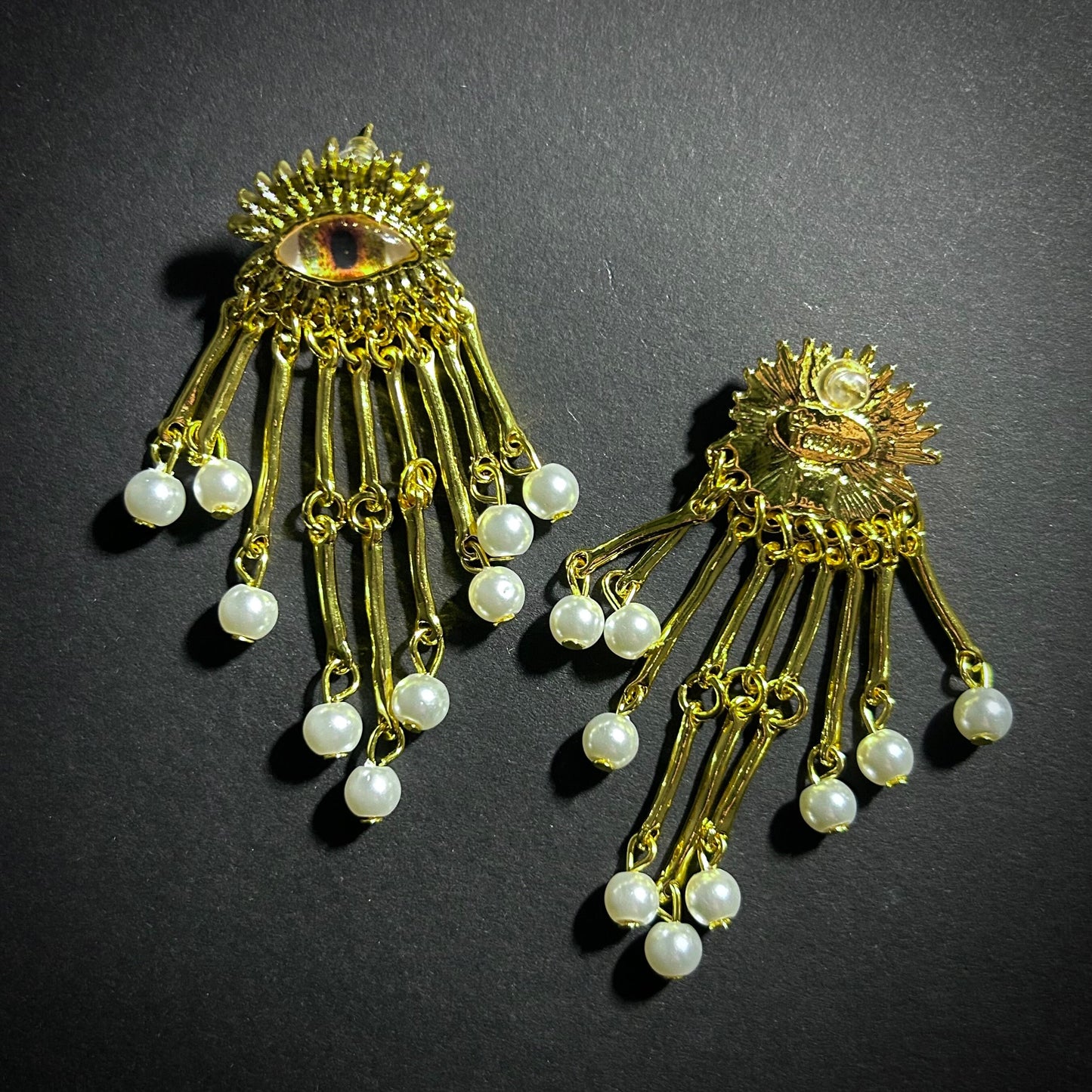 Golden Eyes & Pearls Fringe Gold Surrealist Earrings