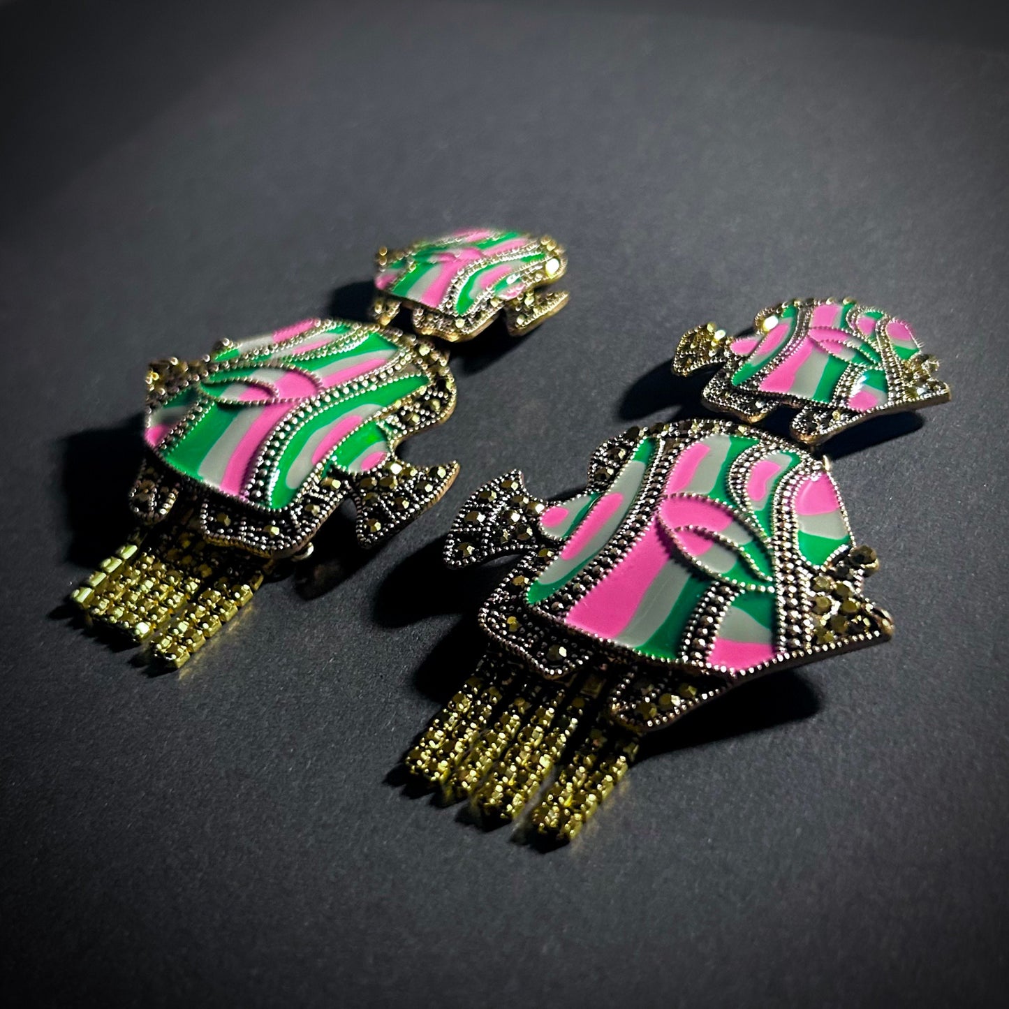 Fish Pink & Green Enamel with Golden Rhinestone Statement Earrings