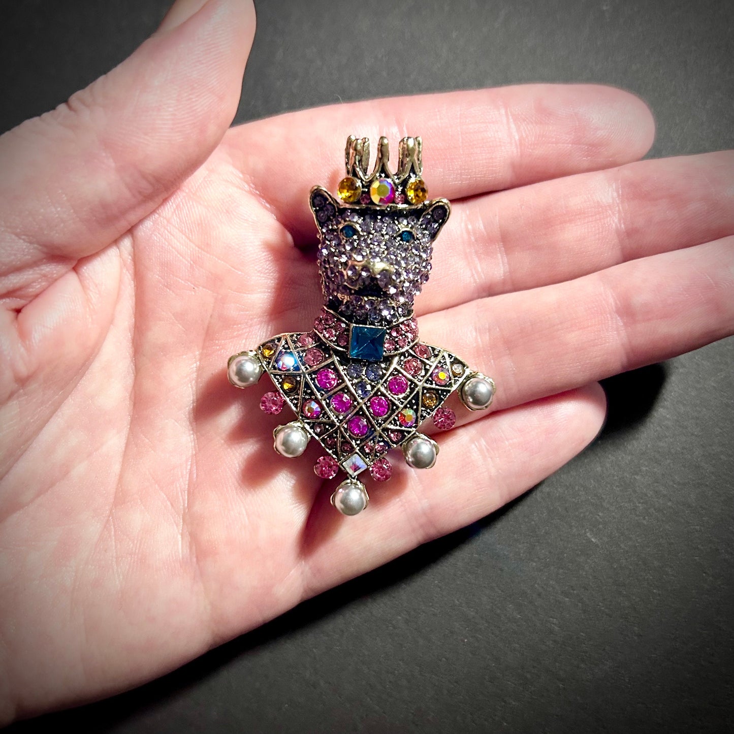 Wolf King Brooch in Gold & Multicolor Rhinestones