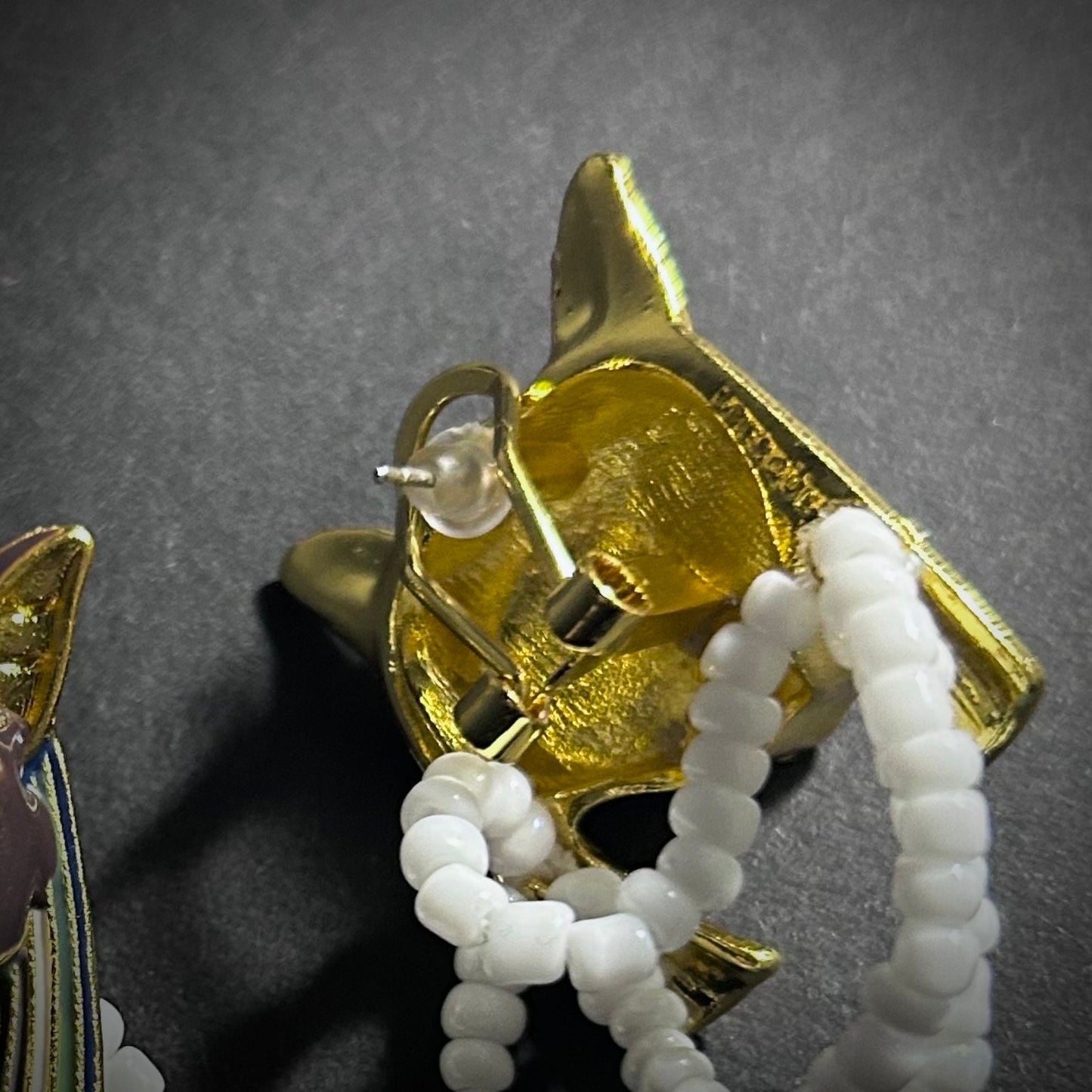 Enamel Pharaoh Cat Goddess Bastet Earrings with White Pearls