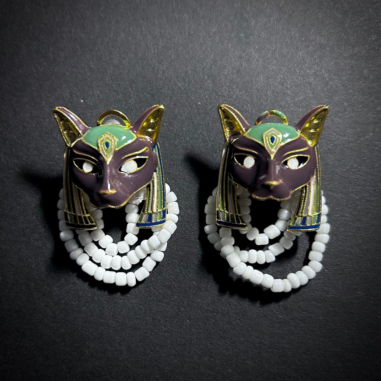 Enamel Pharaoh Cat Goddess Bastet Earrings with White Pearls