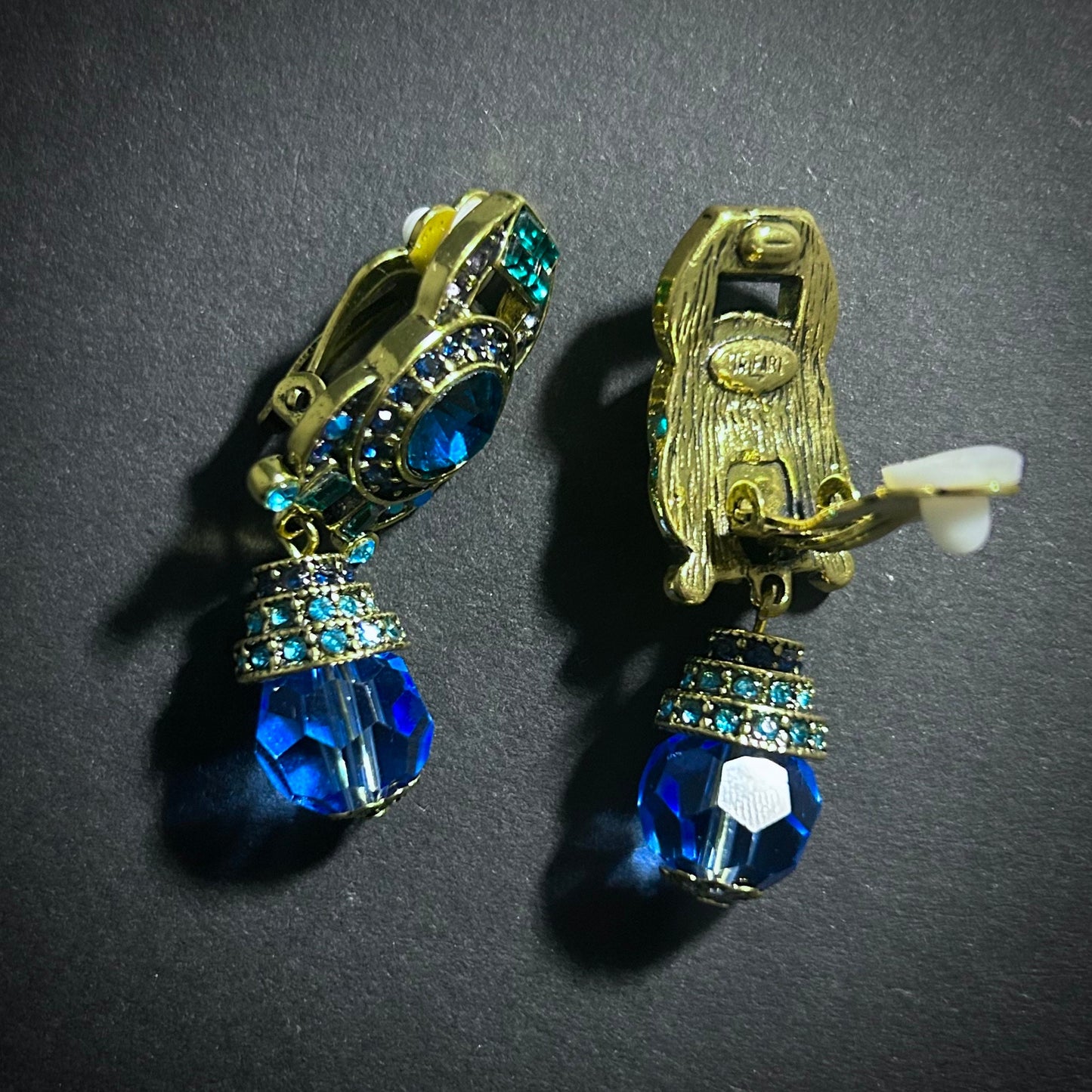 Art Deco Emerald, Blue & Gold Clip-On Earrings