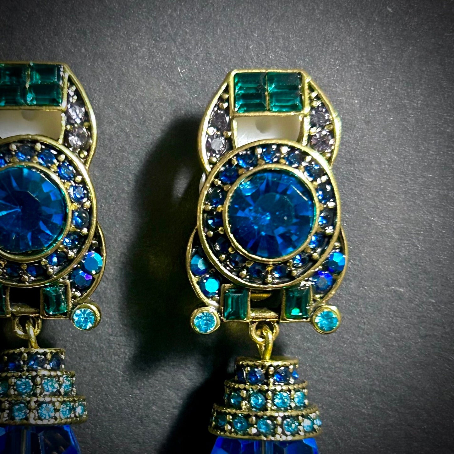 Art Deco Emerald, Blue & Gold Clip-On Earrings