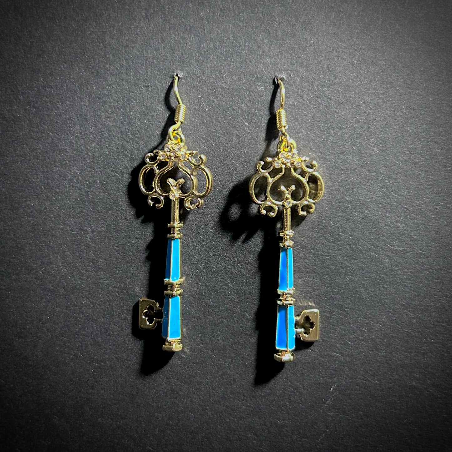 Gold & Blue Ornate Key Earrings