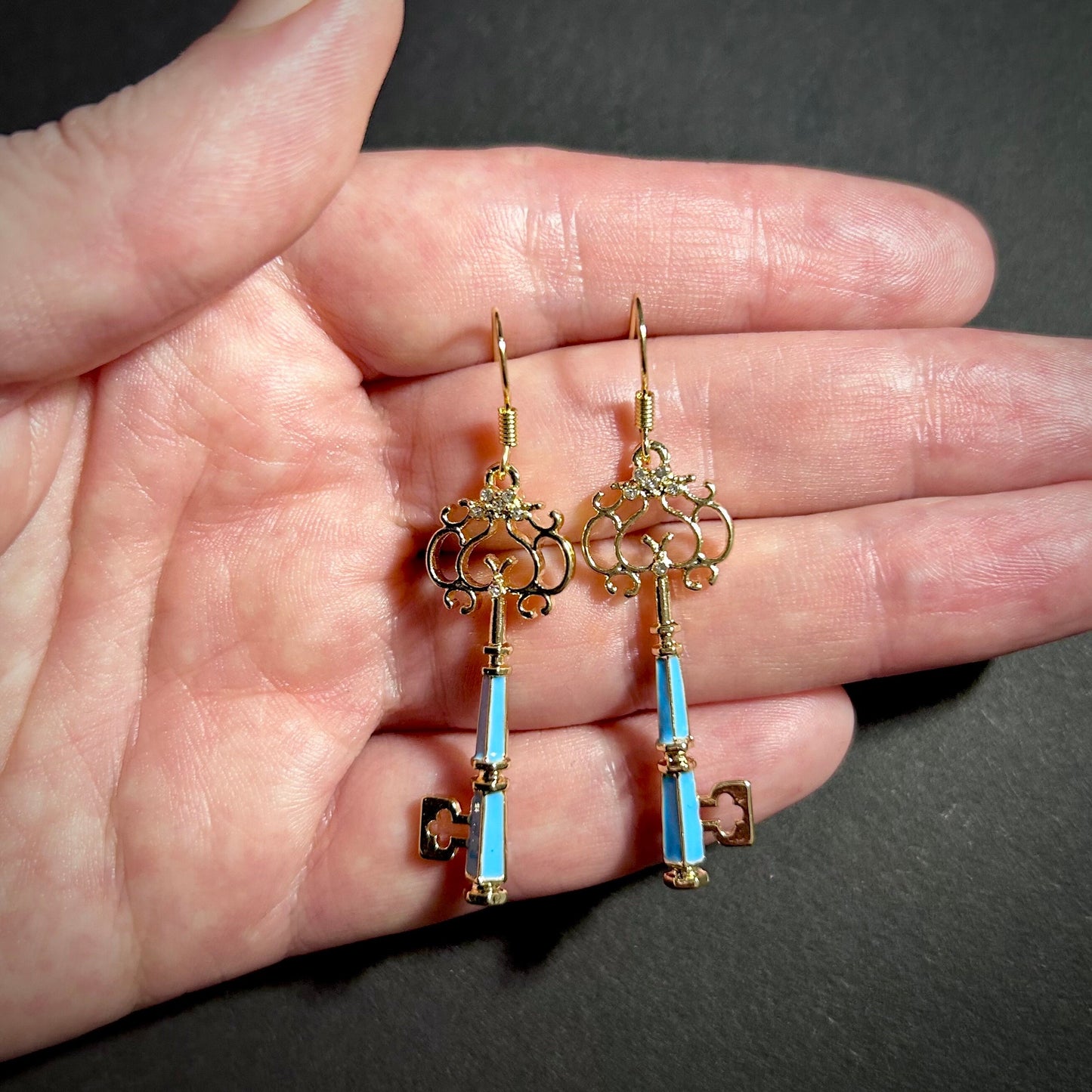 Gold & Blue Ornate Key Earrings