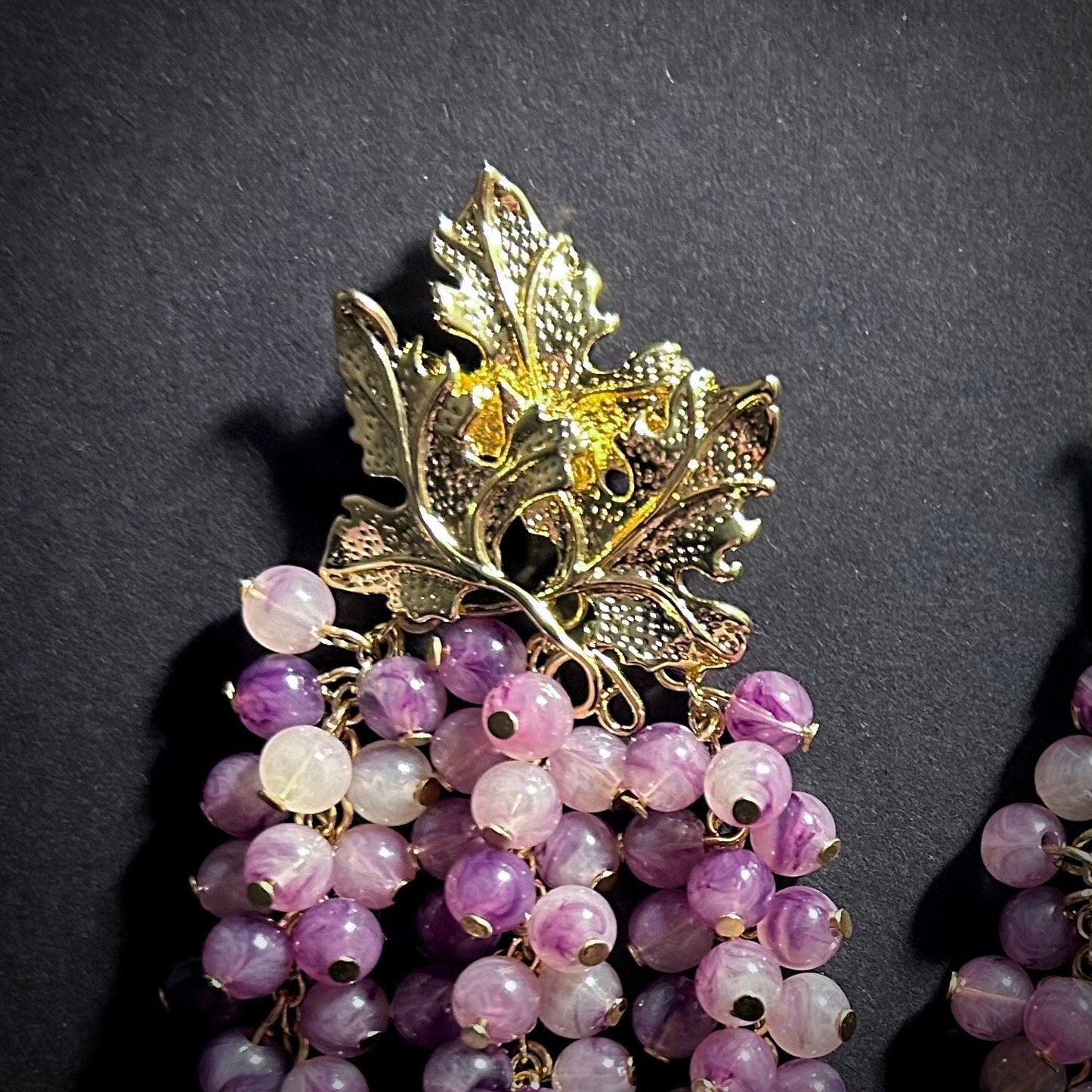 Gold Leaf & Grape Amethyst Purple Earrings