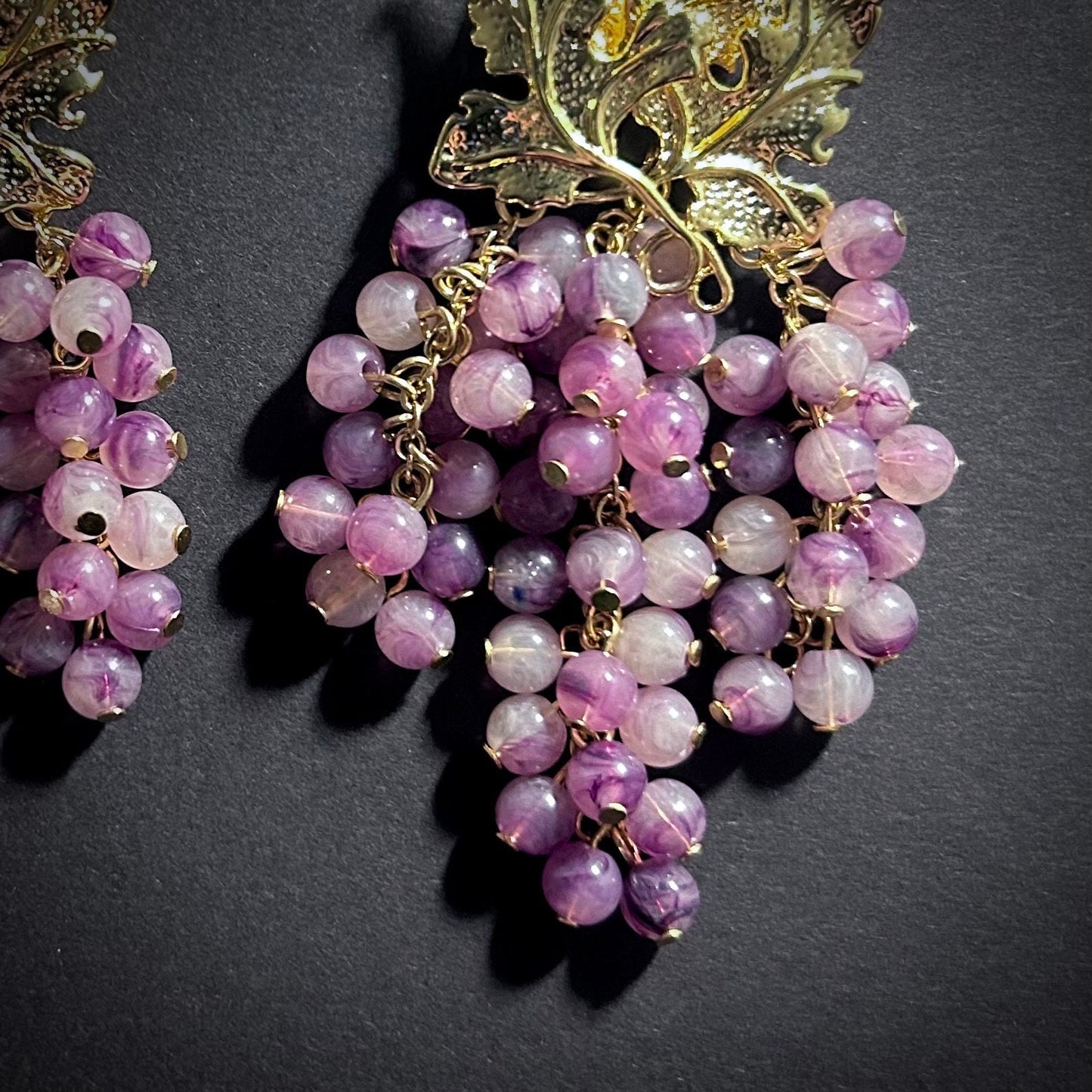 Gold Leaf & Grape Amethyst Purple Earrings