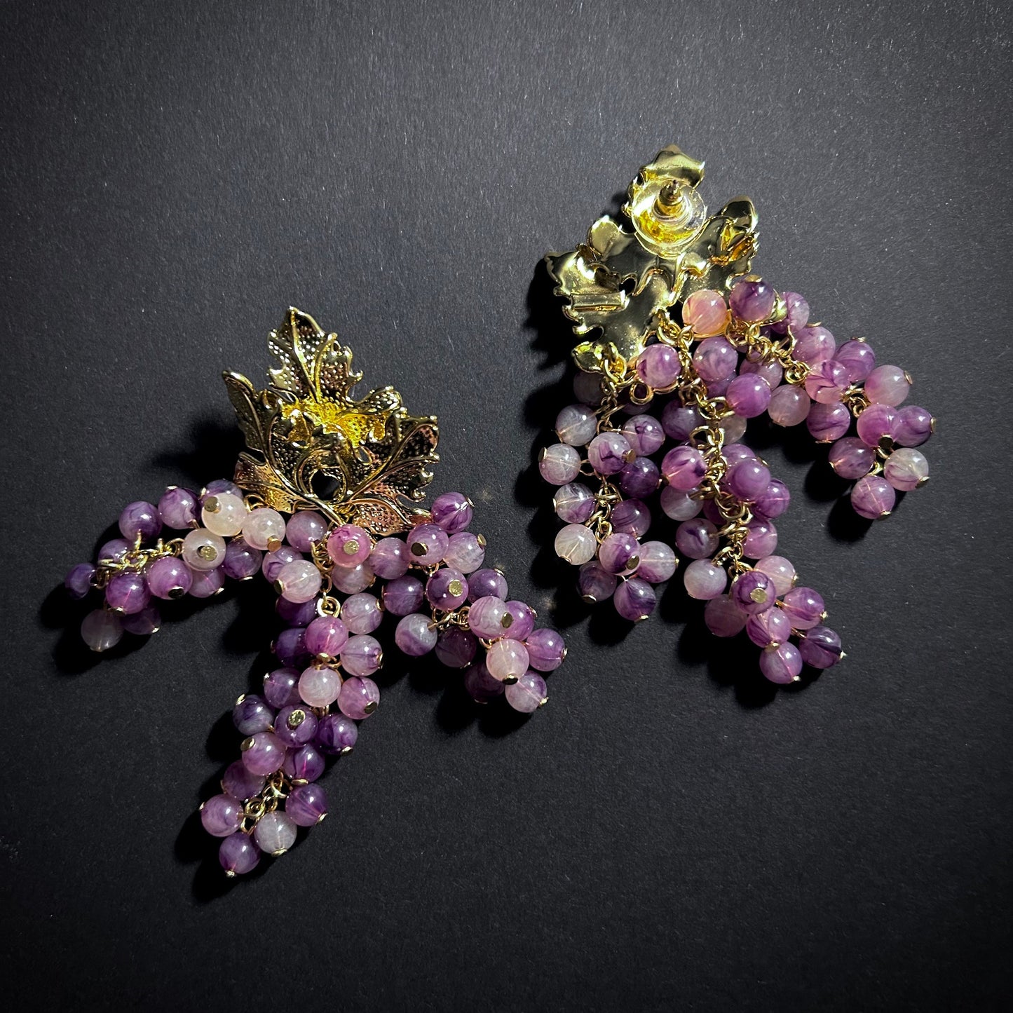 Gold Leaf & Grape Amethyst Purple Earrings