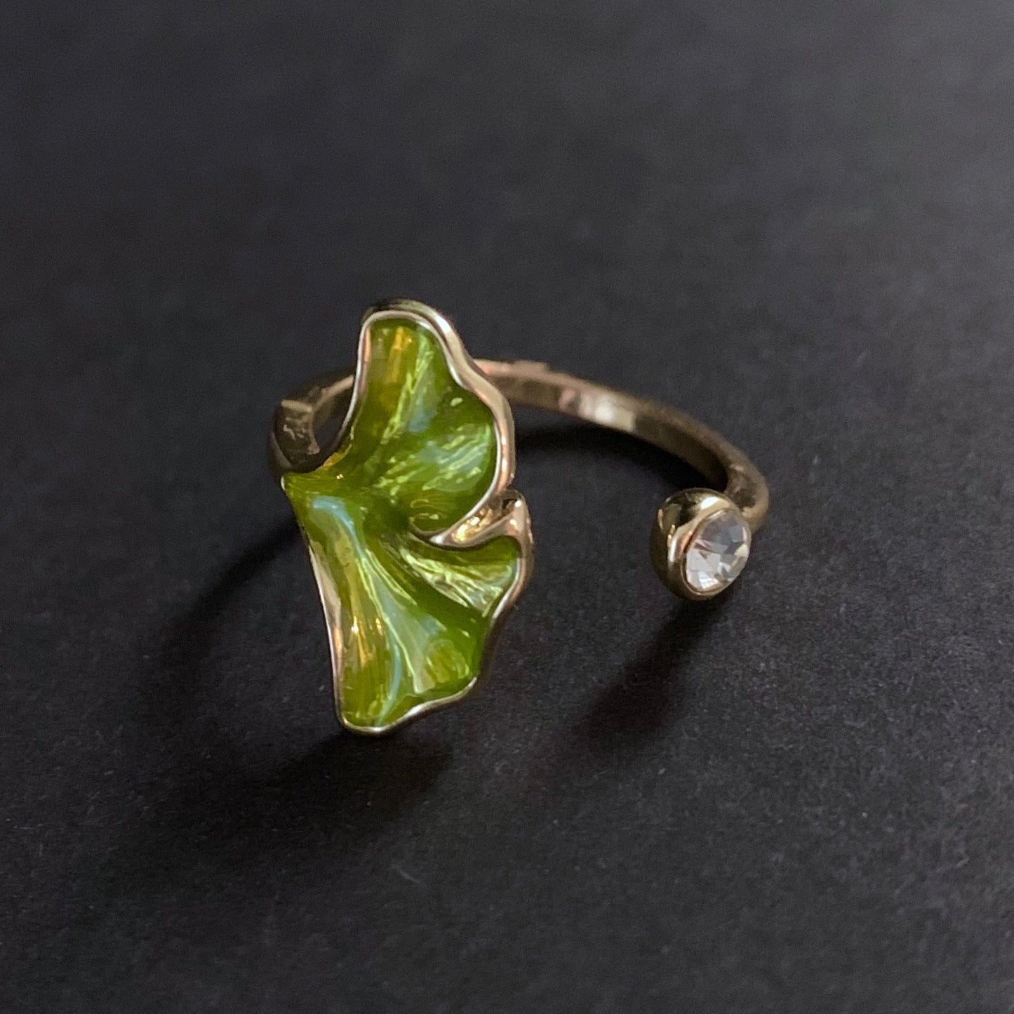 Ginkgo Leaf Enamel & Rhinestone Ring