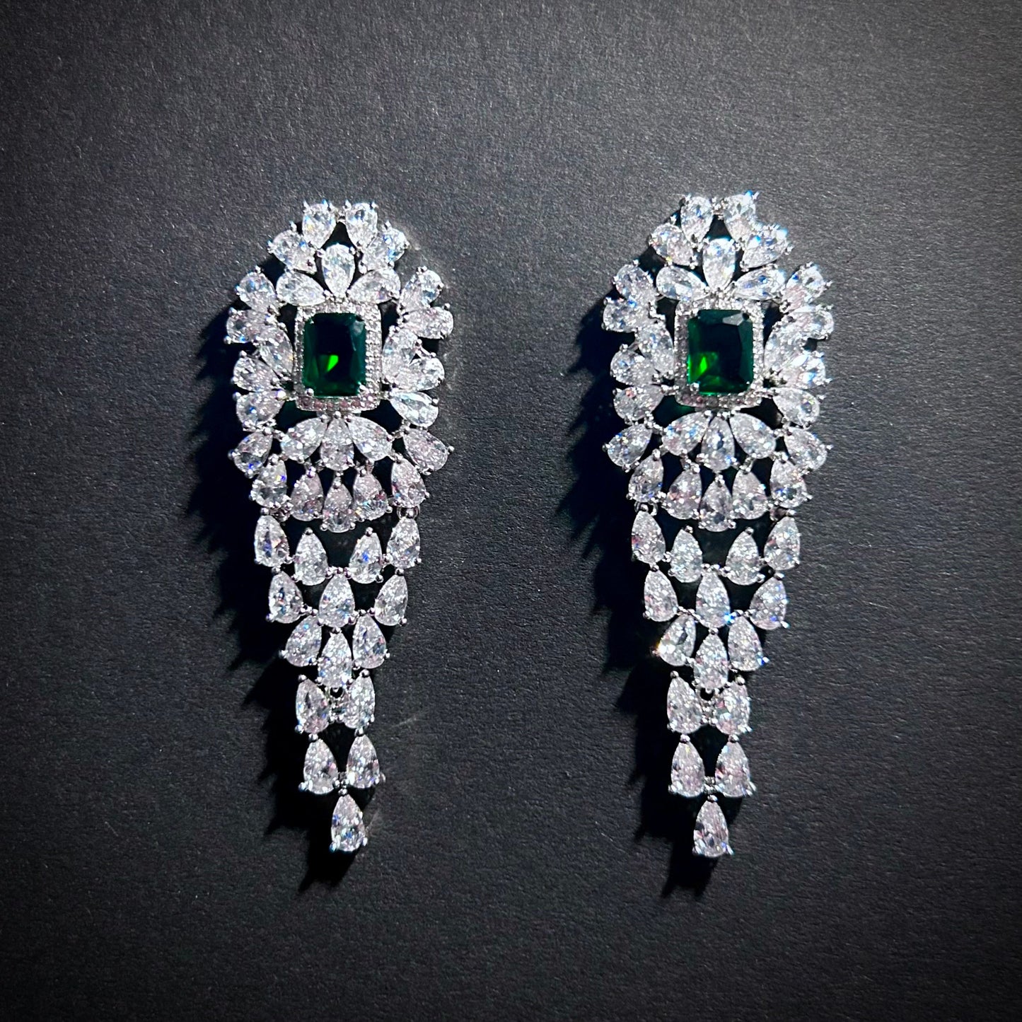 Emerald Silver Waterfall Statement Earrings