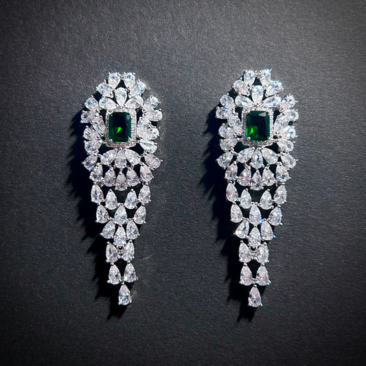 Emerald Silver Waterfall Statement Earrings