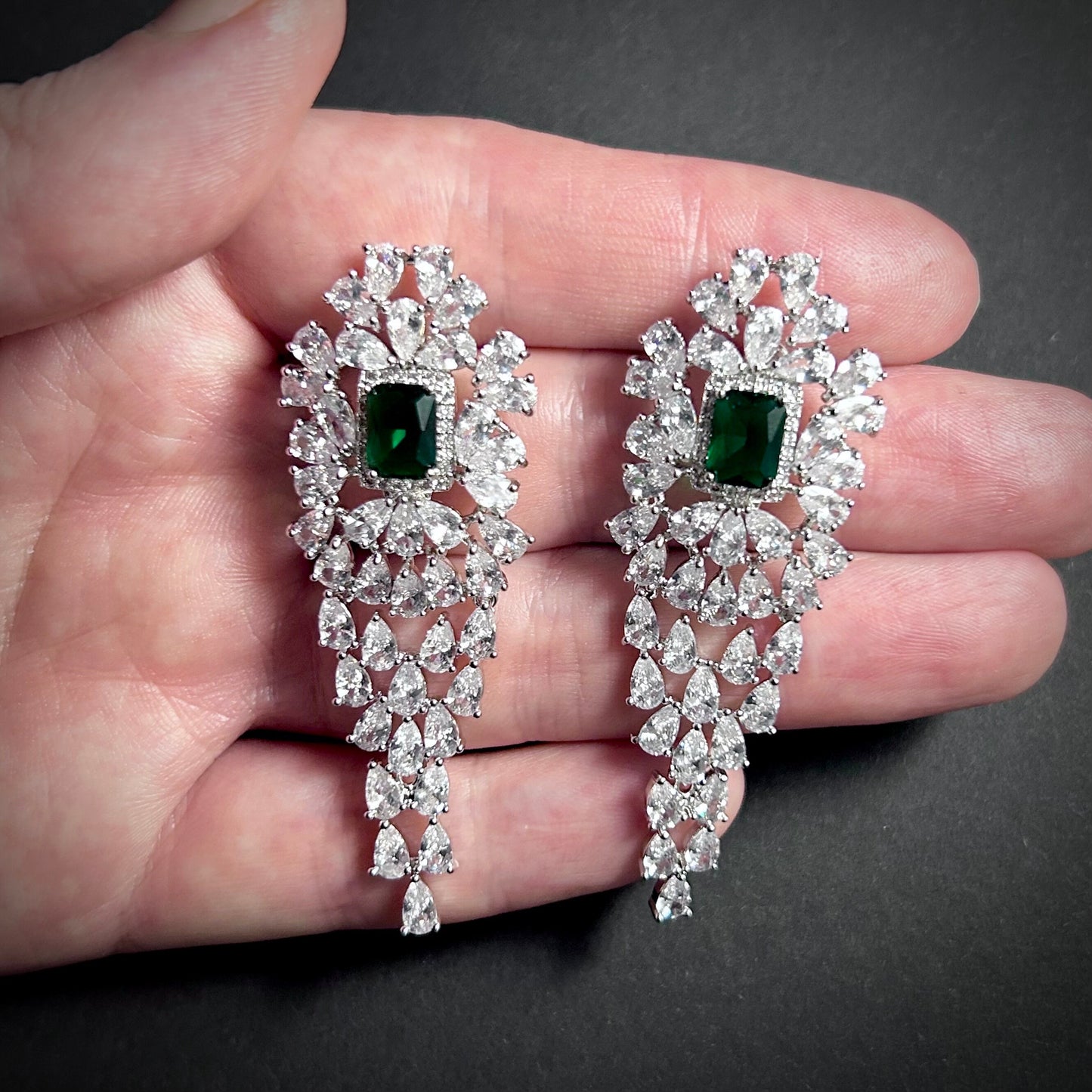 Emerald Silver Waterfall Statement Earrings