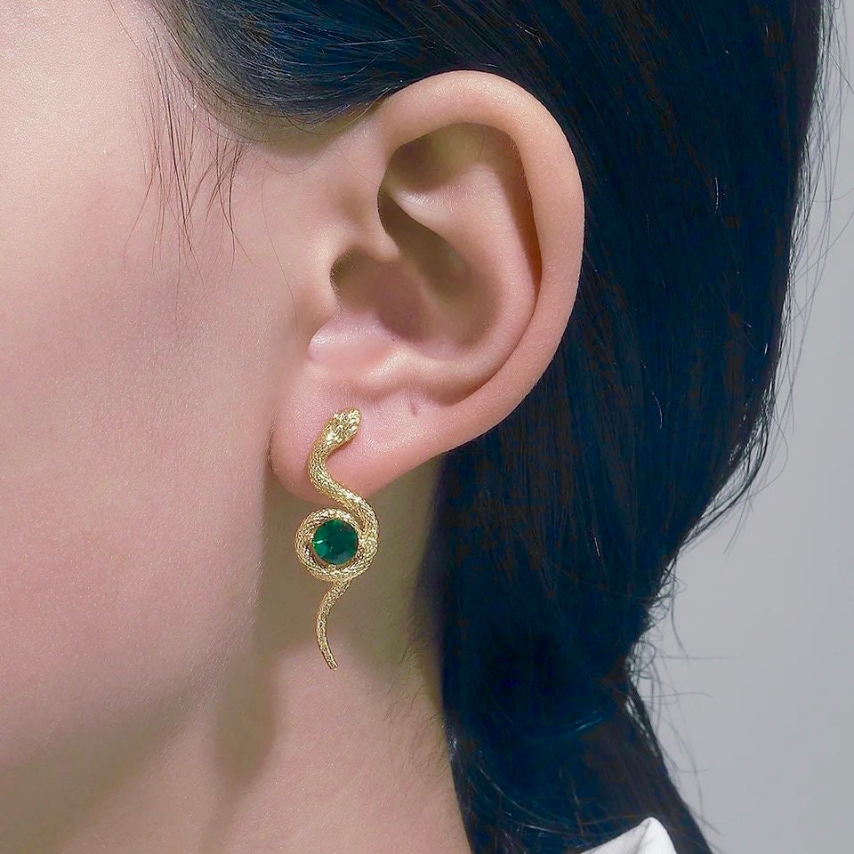 Gold Snake & Emerald Crystal Earrings