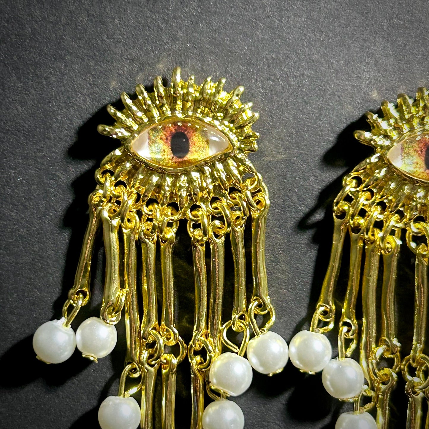 Golden Eyes & Pearls Fringe Gold Surrealist Earrings