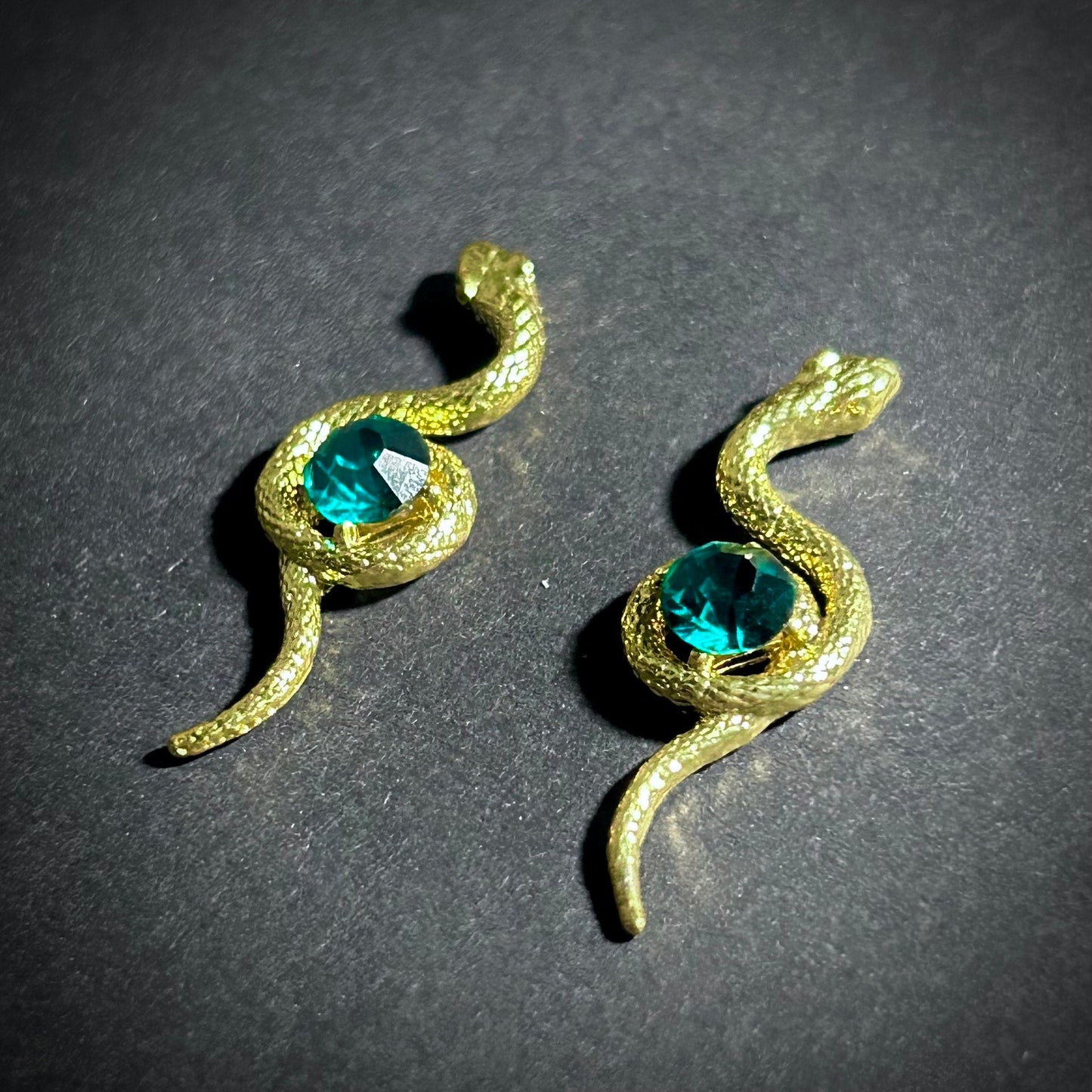 Gold Snake & Emerald Crystal Earrings