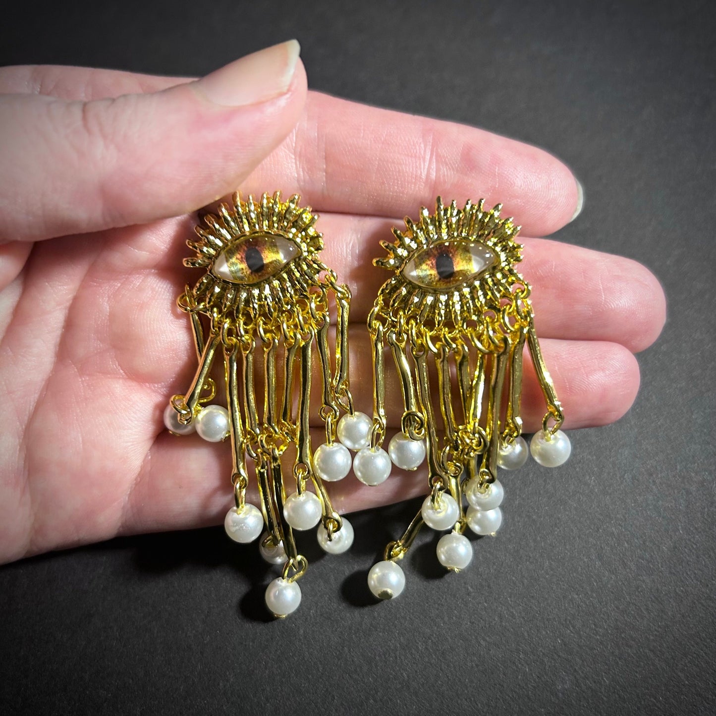 Golden Eyes & Pearls Fringe Gold Surrealist Earrings