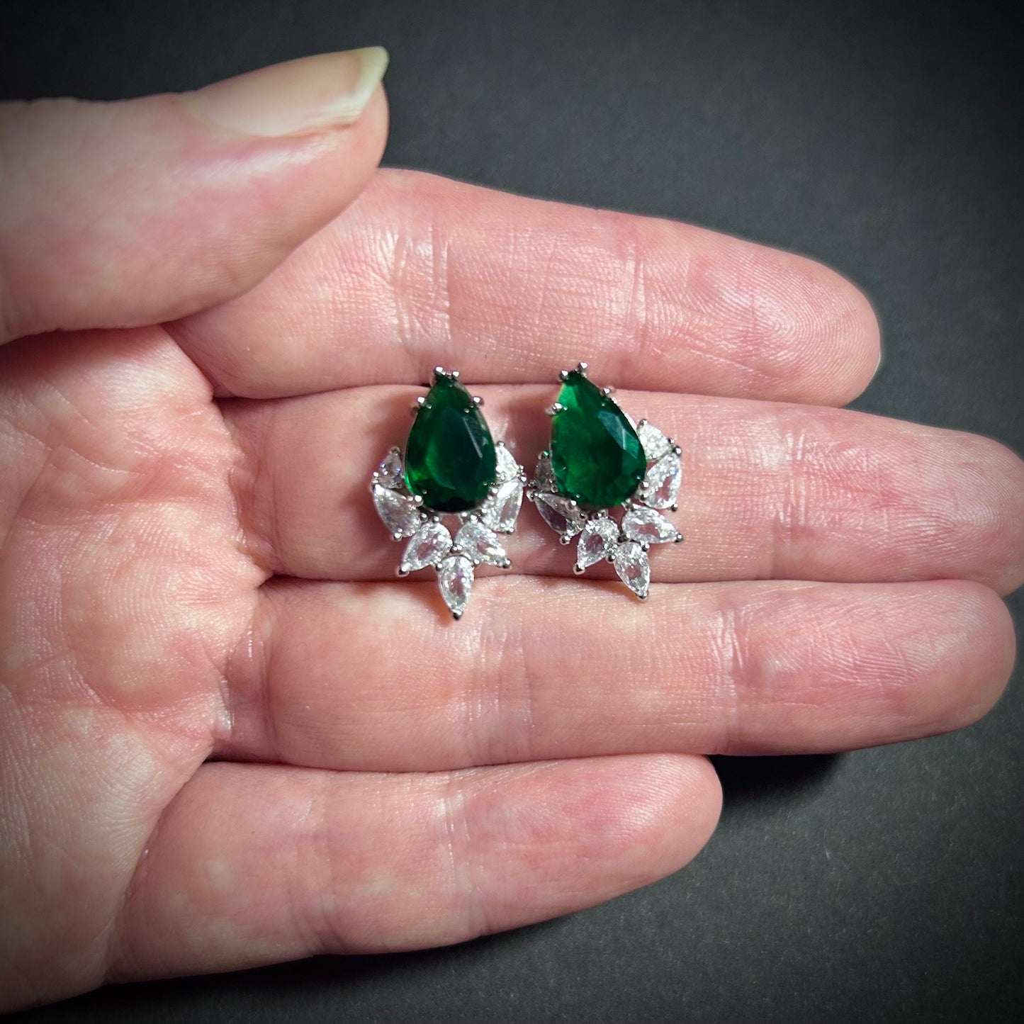 Emerald & Clear Teardrop Cubic Zirconia Stud Earrings