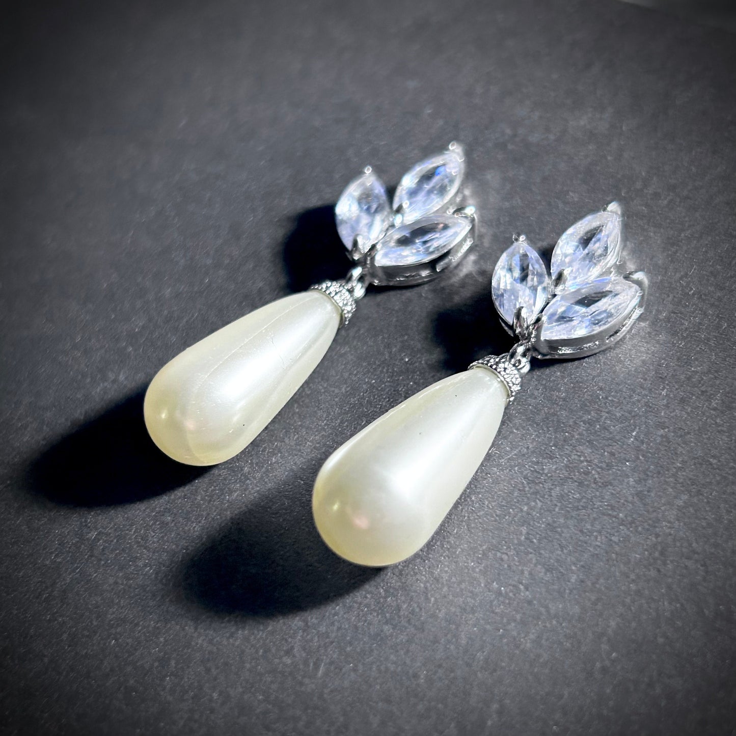 White Teardrop Pearl & Cubic Zirconia Stud Earrings