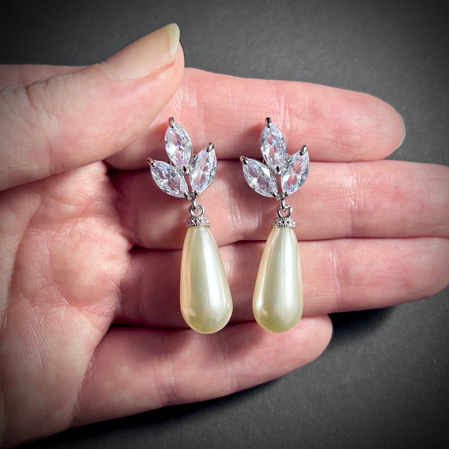 White Teardrop Pearl & Cubic Zirconia Stud Earrings