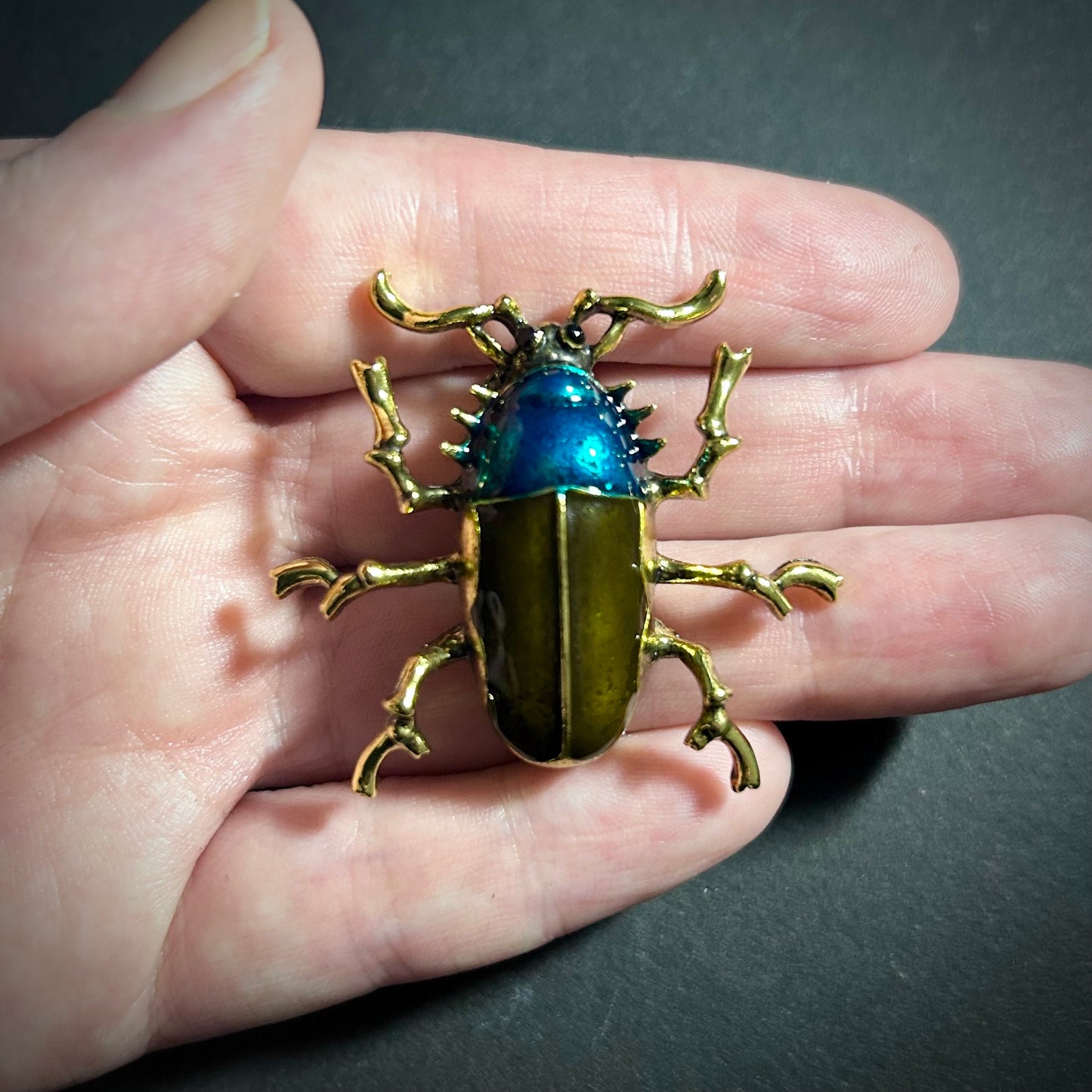 Beetle Enameled Brooch in Turquoise, Brown/Green & Gold