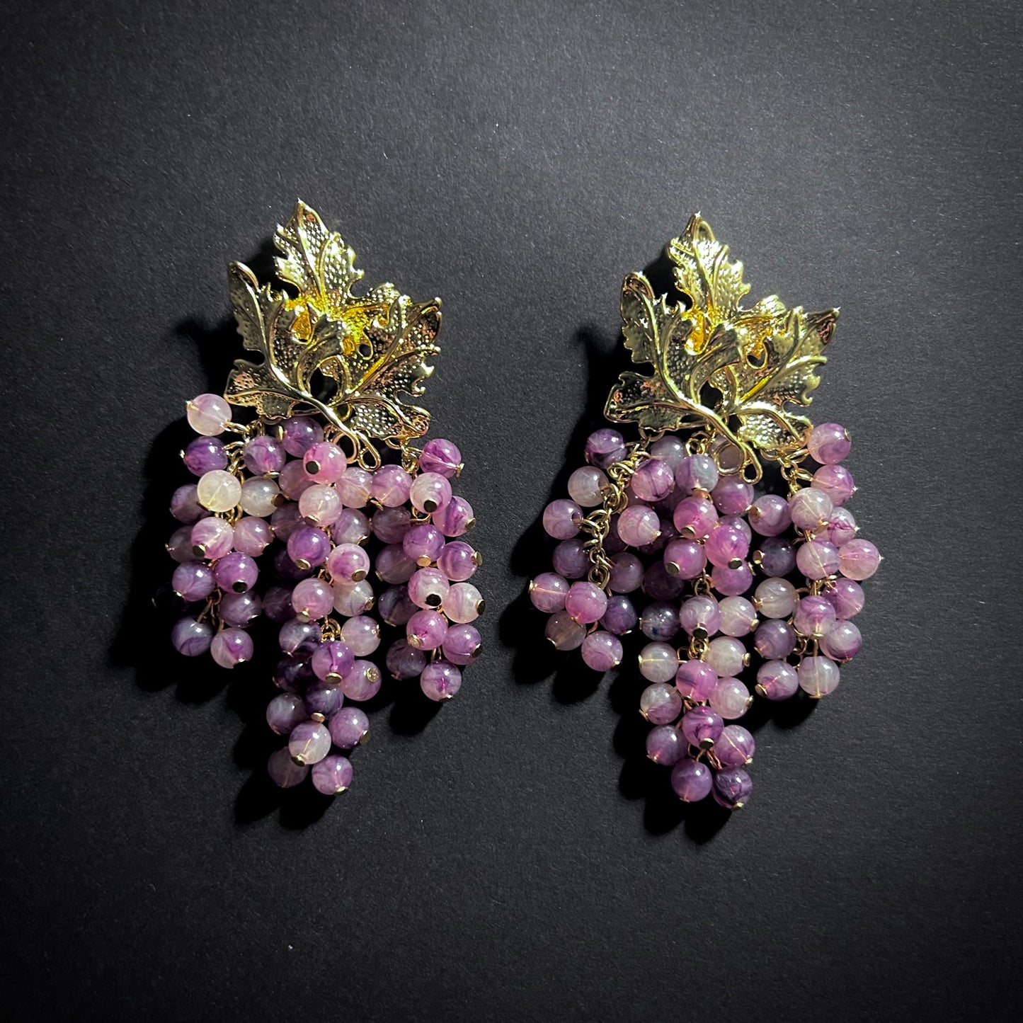 Gold Leaf & Grape Amethyst Purple Earrings