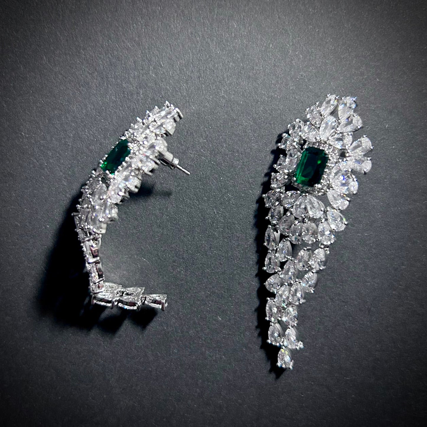 Emerald Silver Waterfall Statement Earrings