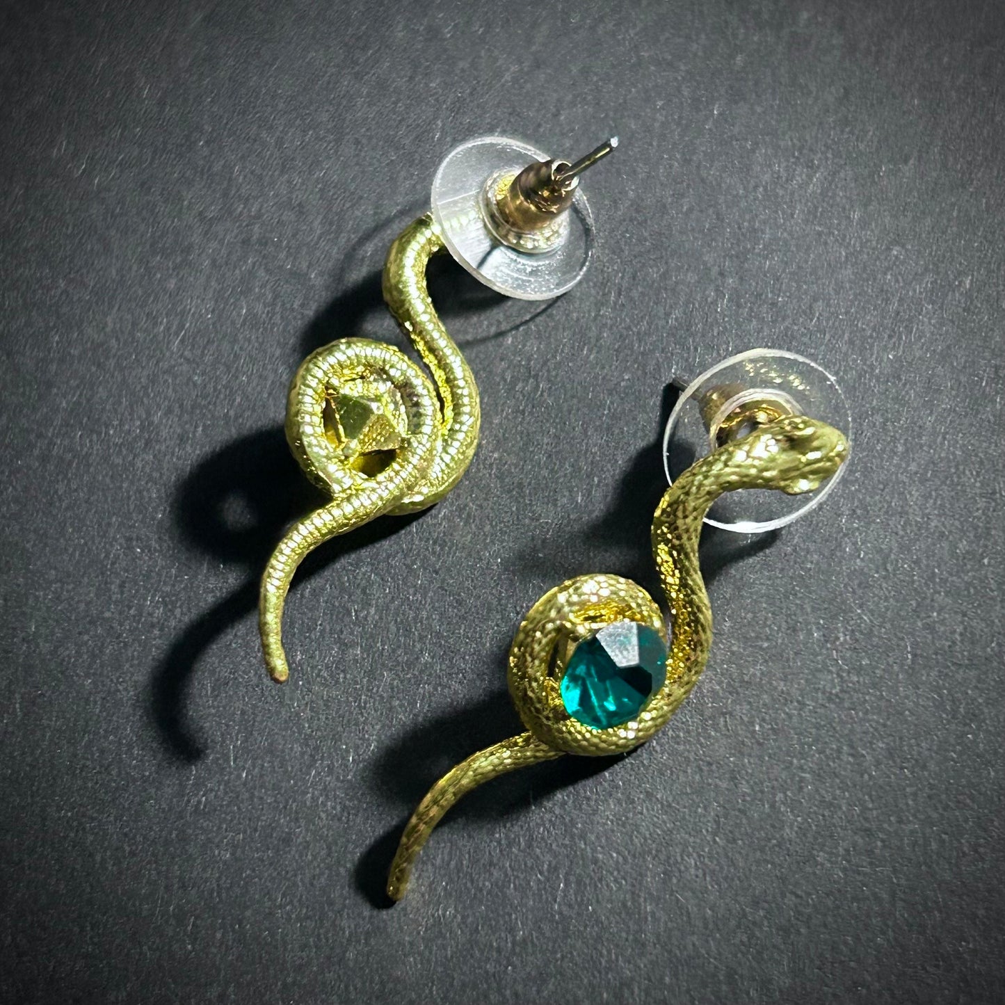 Gold Snake & Emerald Crystal Earrings