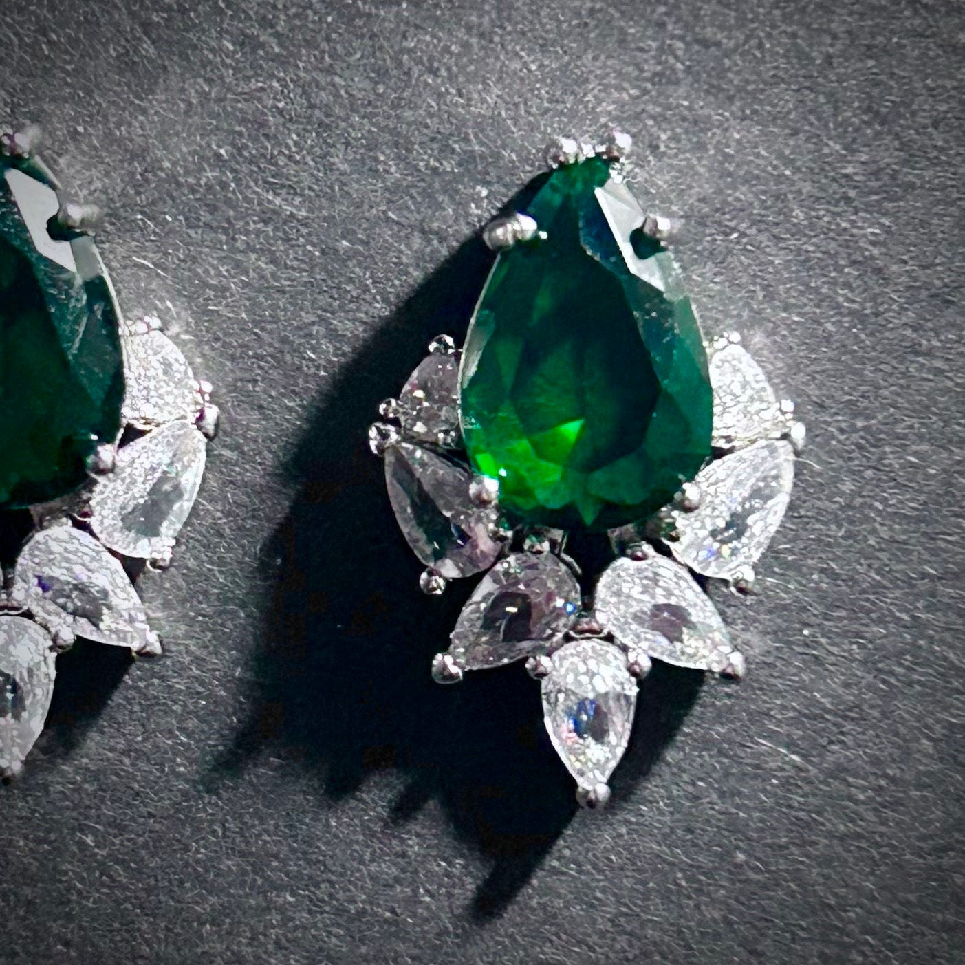 Emerald & Clear Teardrop Cubic Zirconia Stud Earrings