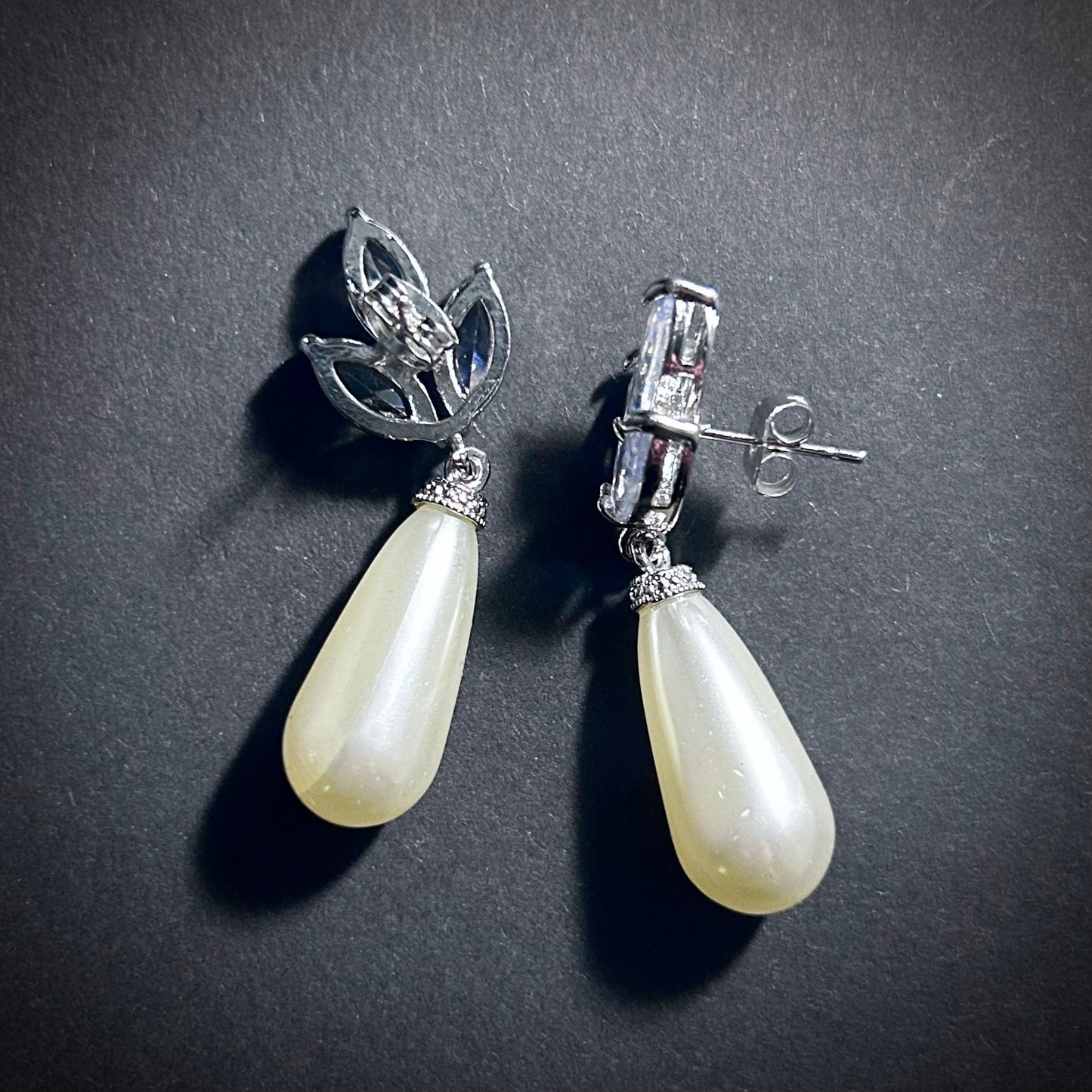 White Teardrop Pearl & Cubic Zirconia Stud Earrings