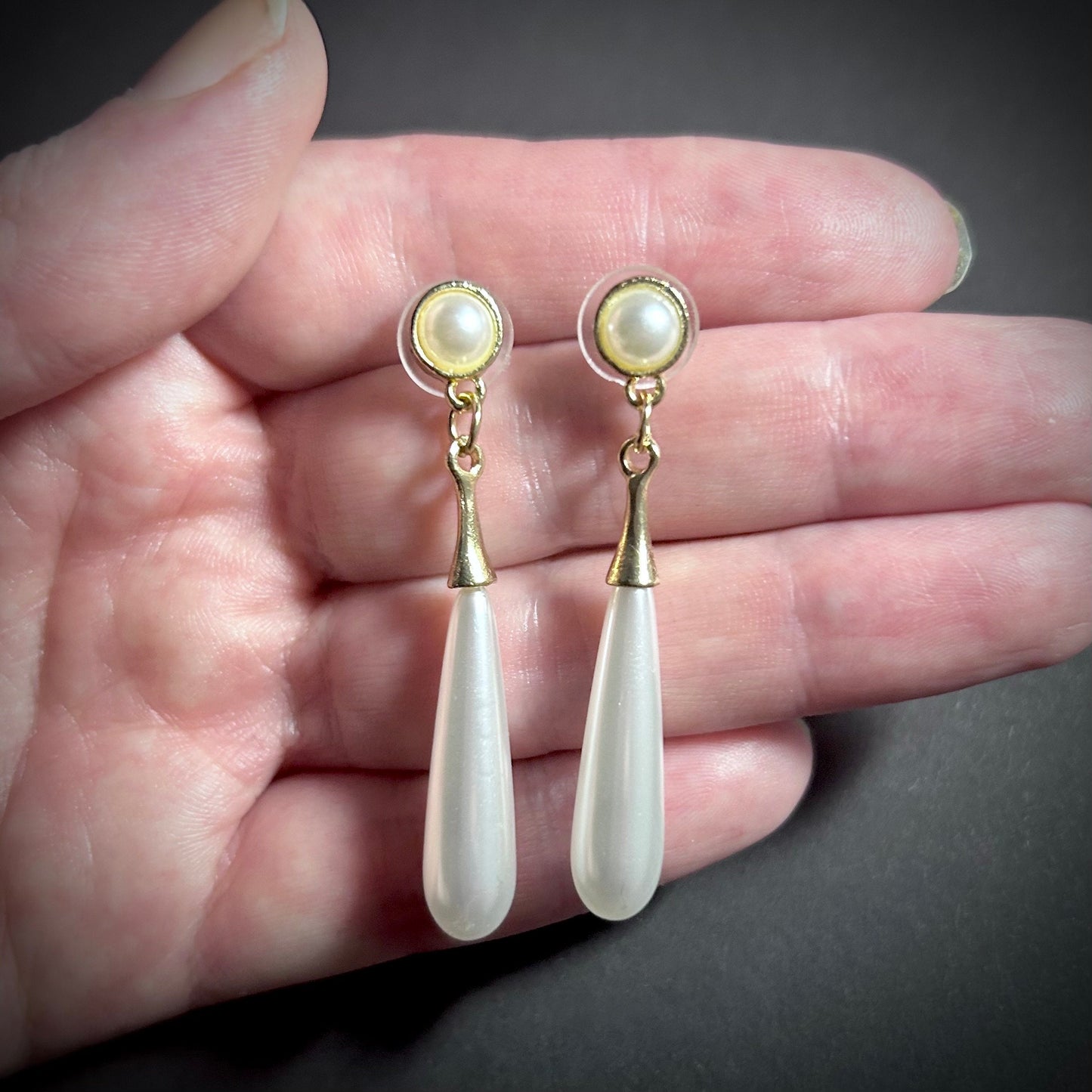 Very Long Teardrop Pearl Earrings in White & Gold