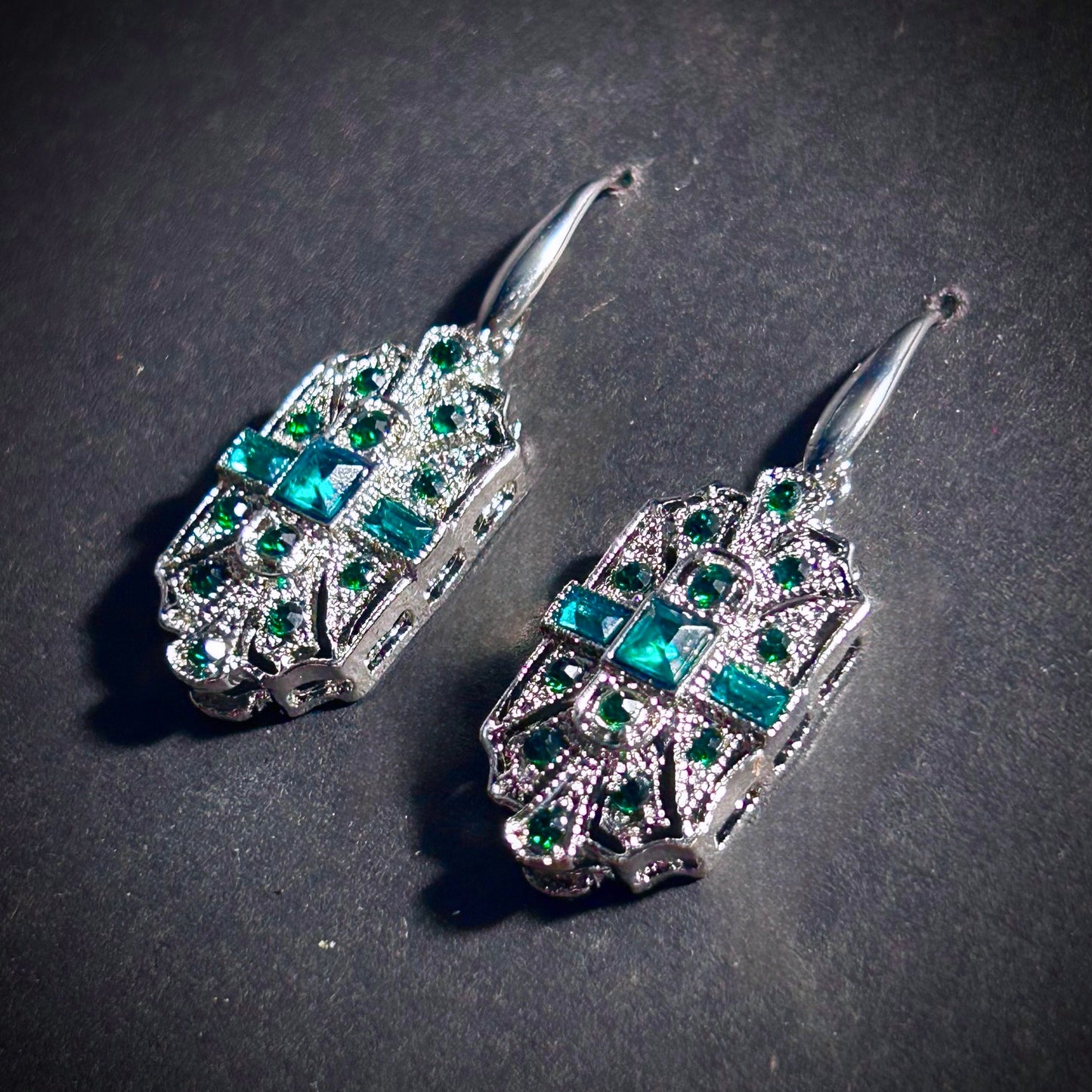 Art Deco Bridal/Bridesmaids Earrings in Silver & Emerald