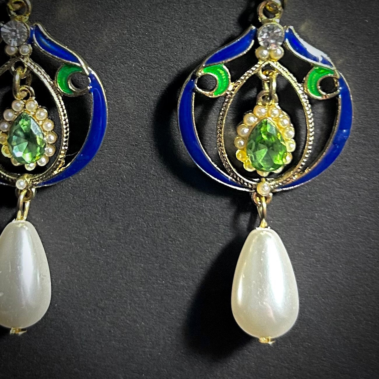 Art Nouveau Enamel & Teardrop Pearl Gold Statement Earrings