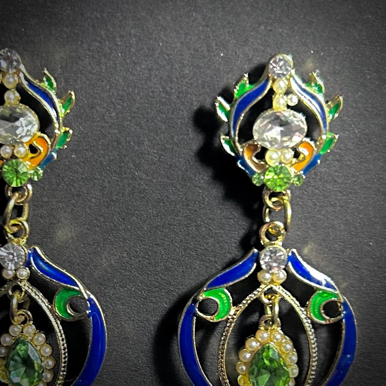 Art Nouveau Enamel & Teardrop Pearl Gold Statement Earrings