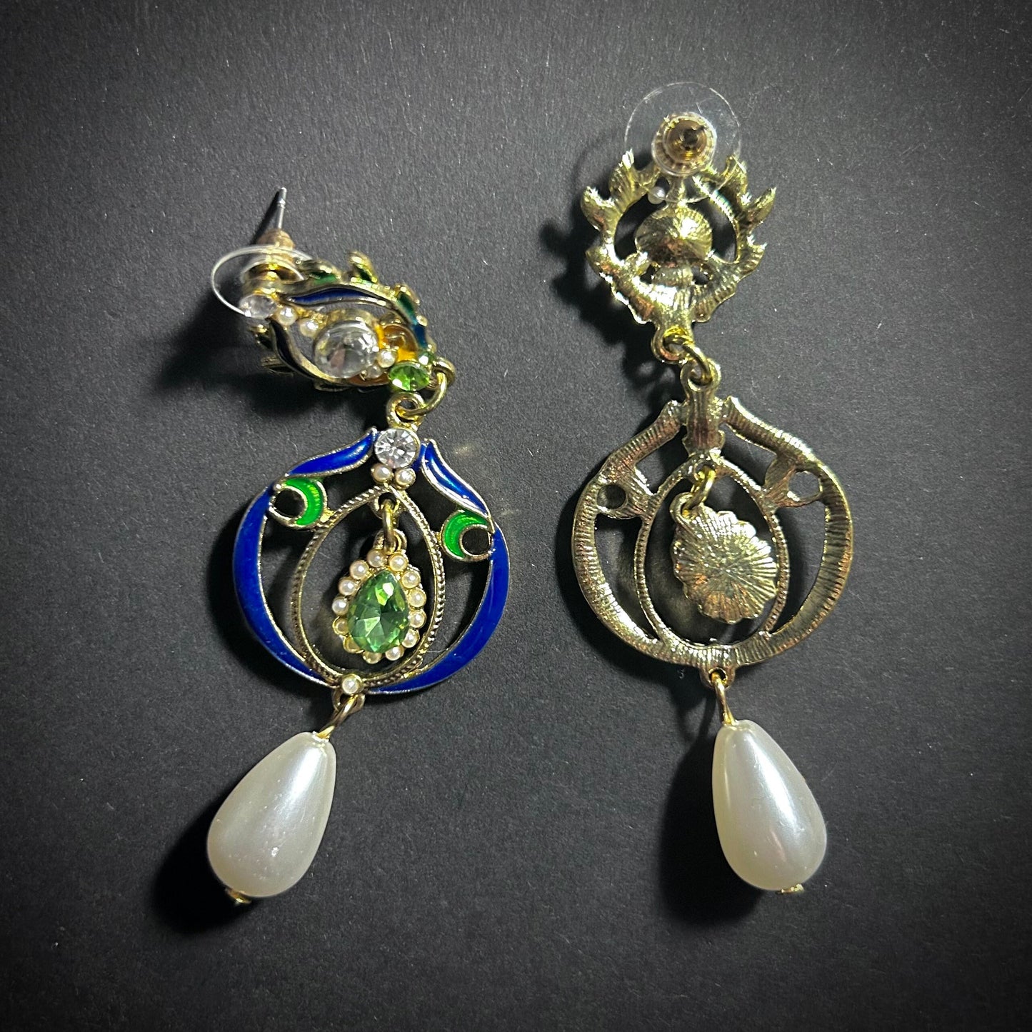 Art Nouveau Enamel & Teardrop Pearl Gold Statement Earrings