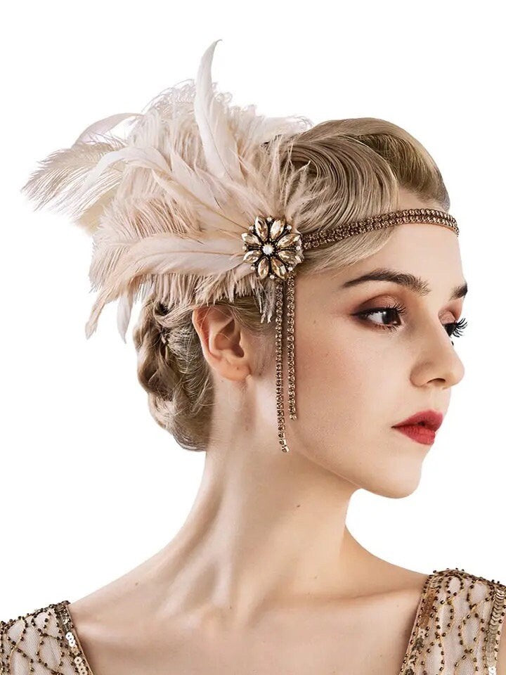 Light Pink Feather & Golden Rhinestone Headpiece/Headband