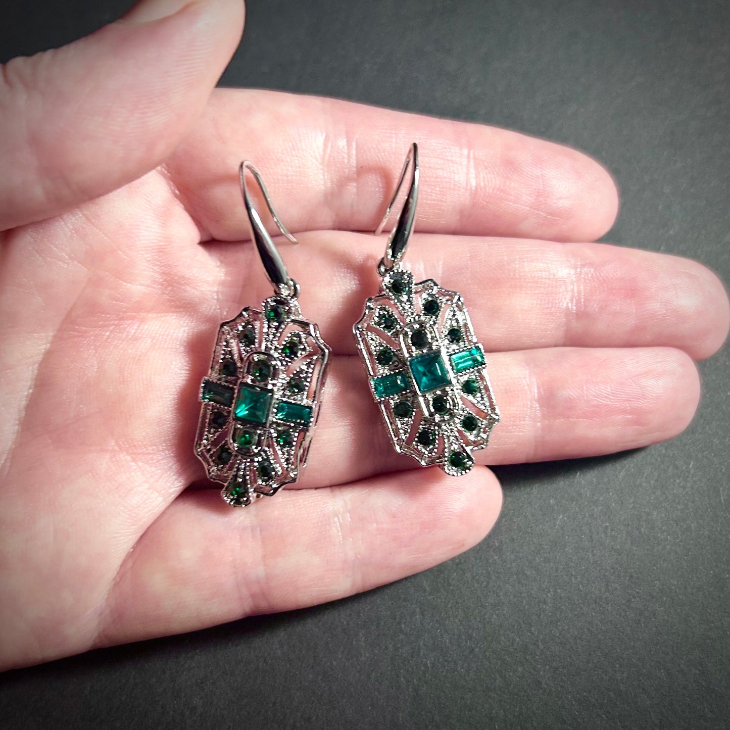 Art Deco Bridal/Bridesmaids Earrings in Silver & Emerald