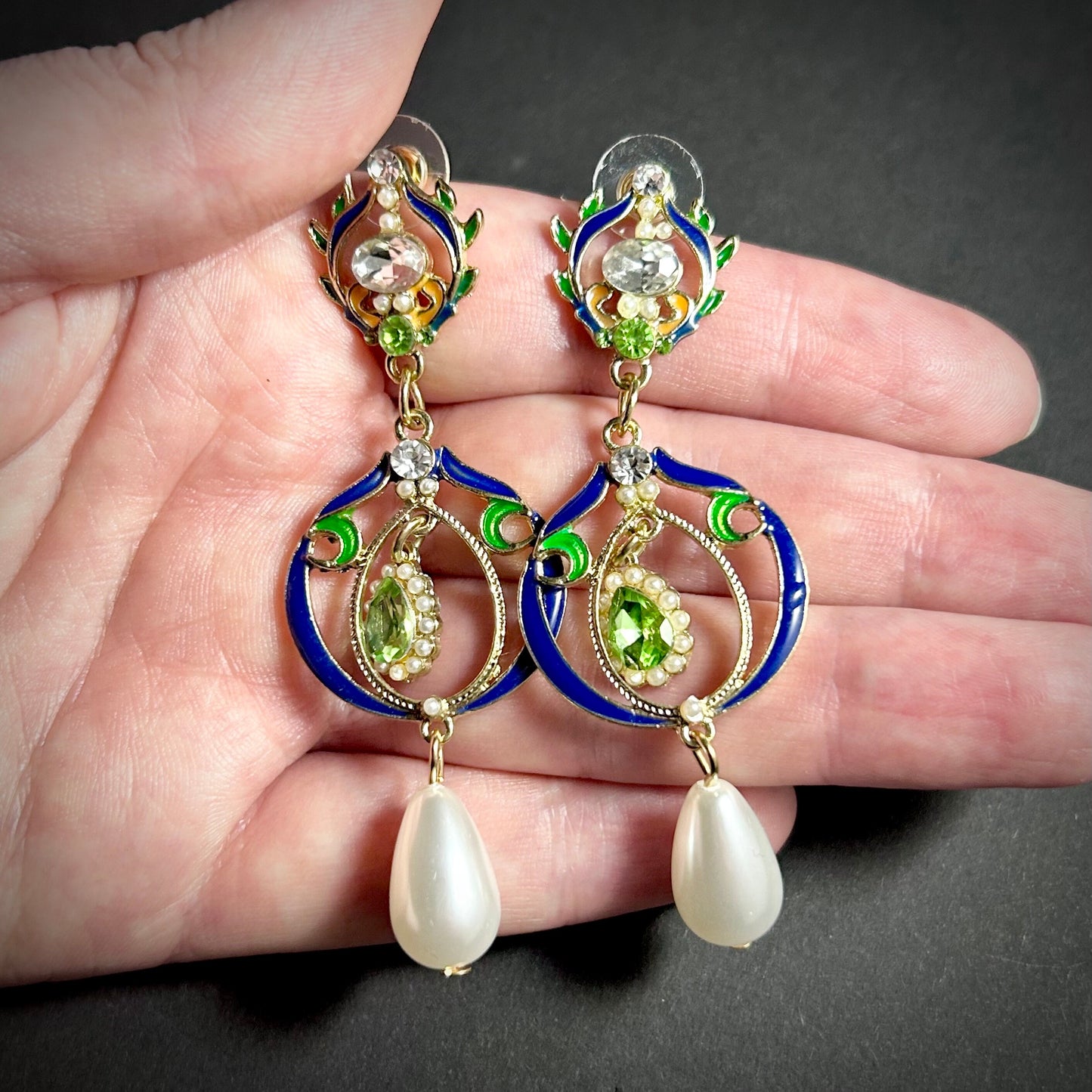 Art Nouveau Enamel & Teardrop Pearl Gold Statement Earrings